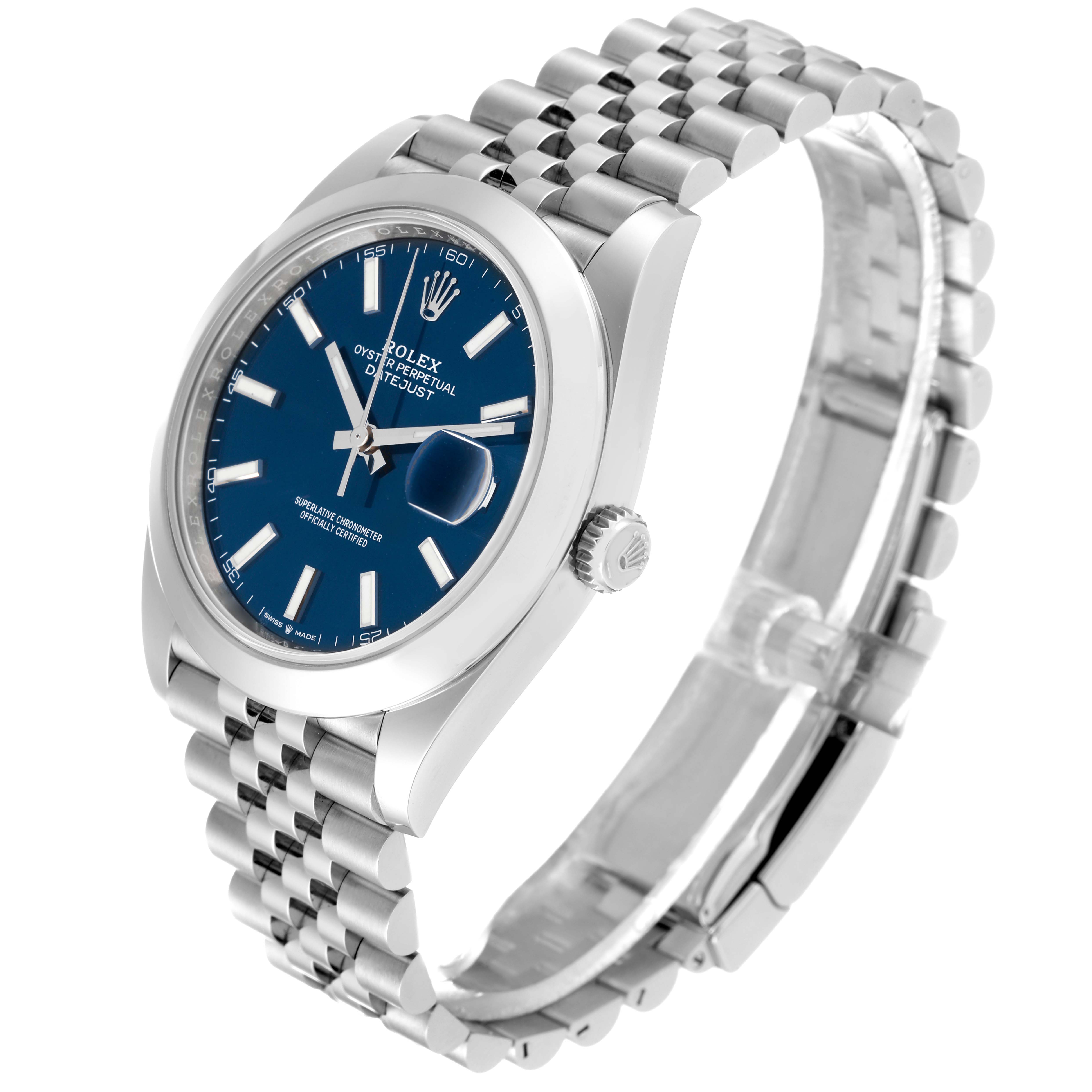 This image shows a Datejust 41 Rolex watch from an angled perspective, highlighting the blue dial, jubilee bracelet, and fluted bezel.