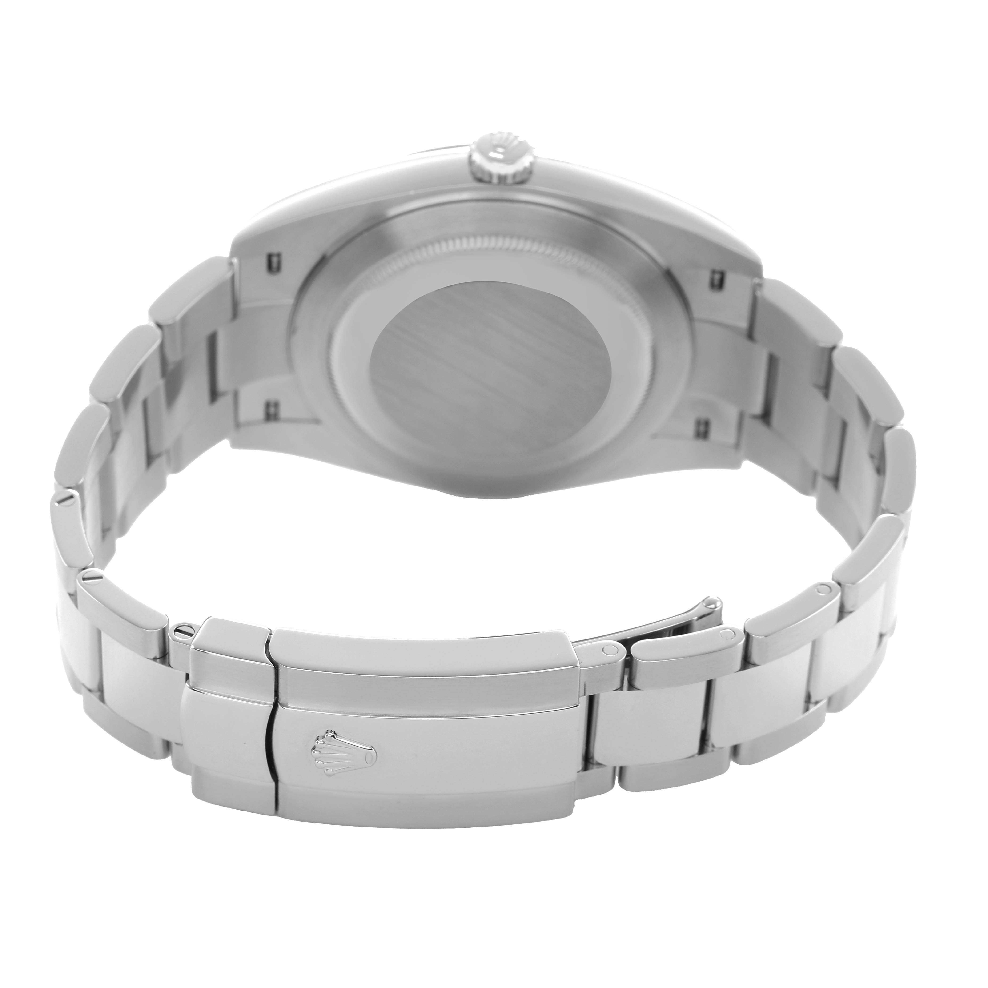 The image shows the back of a Rolex Datejust 41 126334 Men's Stainless Steel Grey Dial, highlighting the case back and bracelet links.