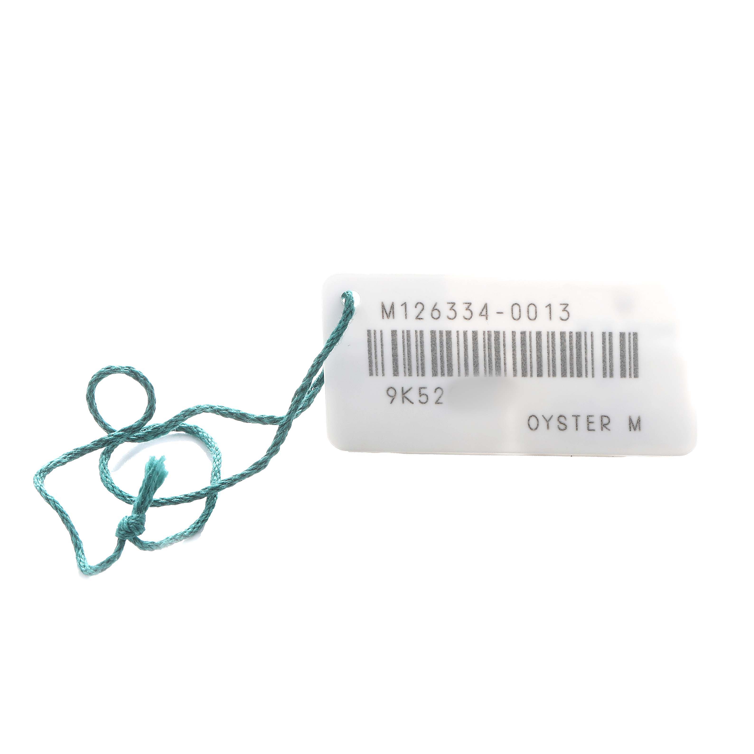 The image shows a tag with a string for the Rolex Datejust 41 126334 Men's Stainless Steel Grey Dial, displaying model details and a barcode.