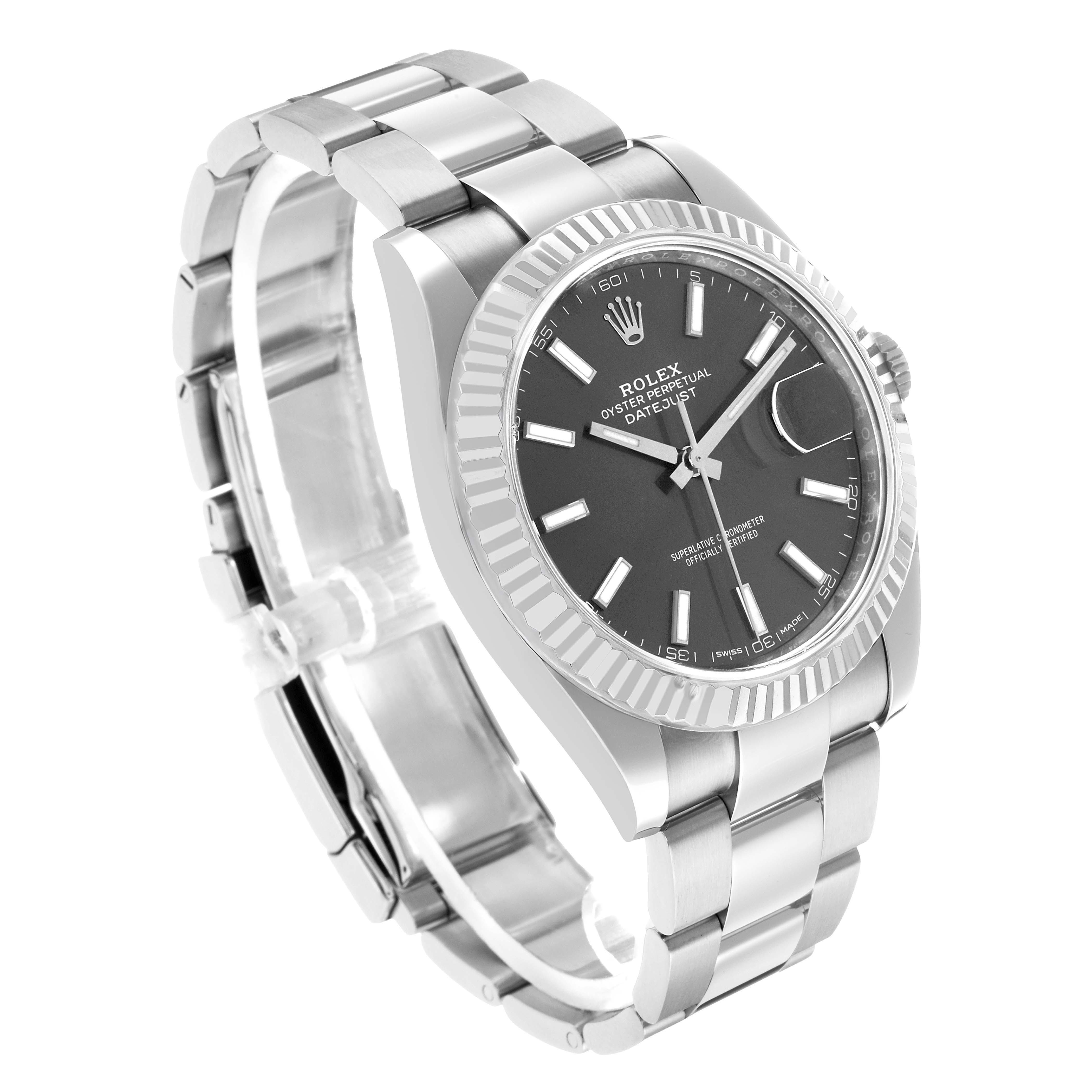 The Rolex Datejust 41 126334 Men's Stainless Steel Grey Dial is shown at a three-quarter angle, displaying its silver bracelet, fluted bezel, and dark dial with hour markers.