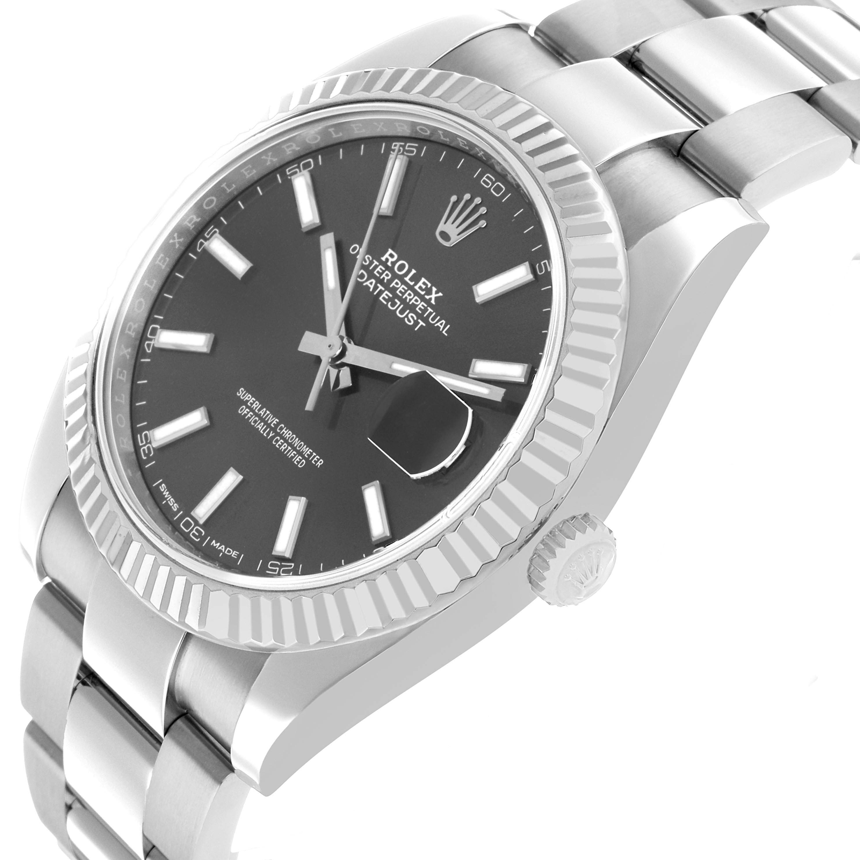 The Rolex Datejust 41 126334 Men's Stainless Steel Grey Dial is shown at an angled view highlighting the dial, fluted bezel, crown, and part of the bracelet.