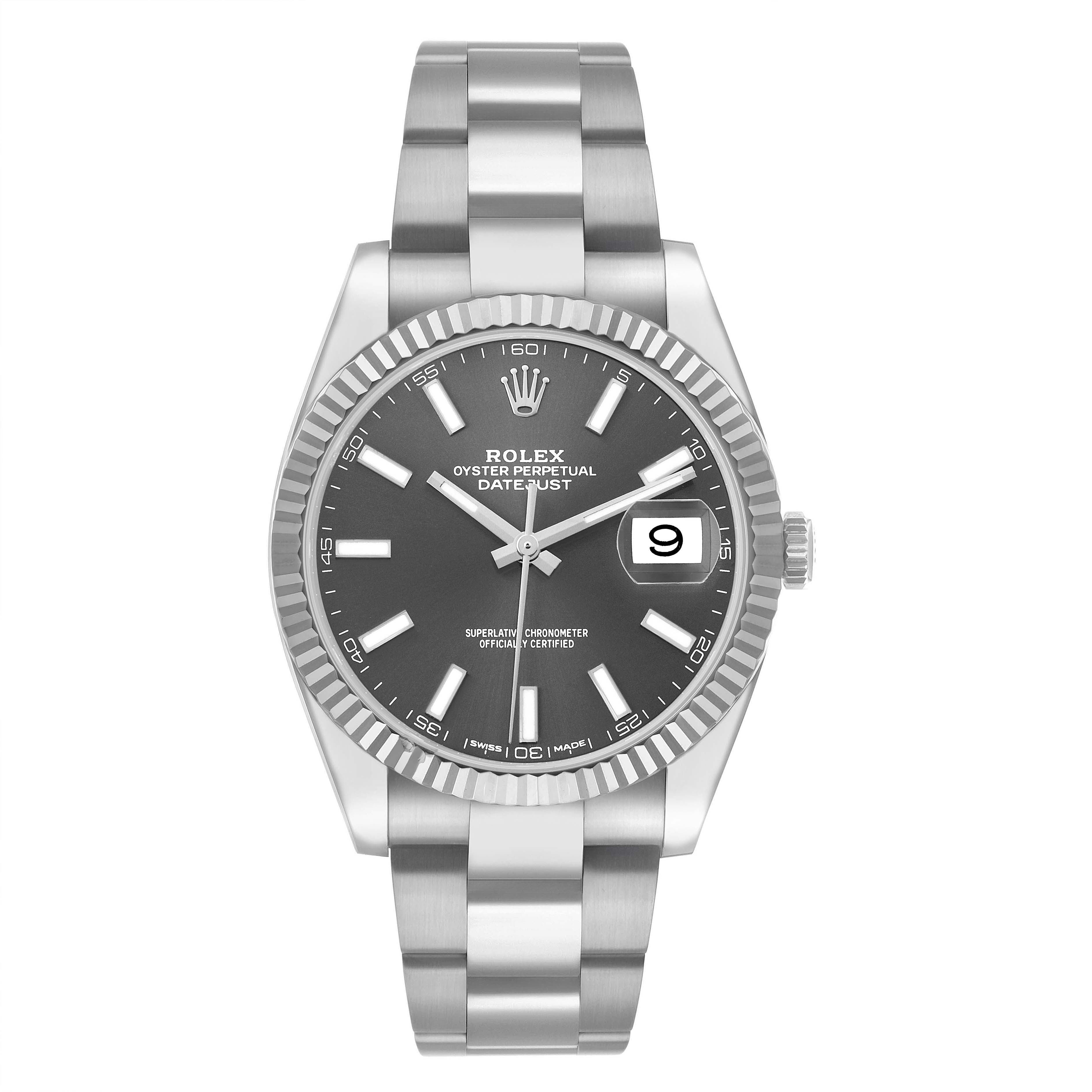 The Rolex Datejust 41 126334 Men's Stainless Steel Grey Dial is shown from the front, featuring a stainless steel bracelet, fluted bezel, and a black dial with a date window.