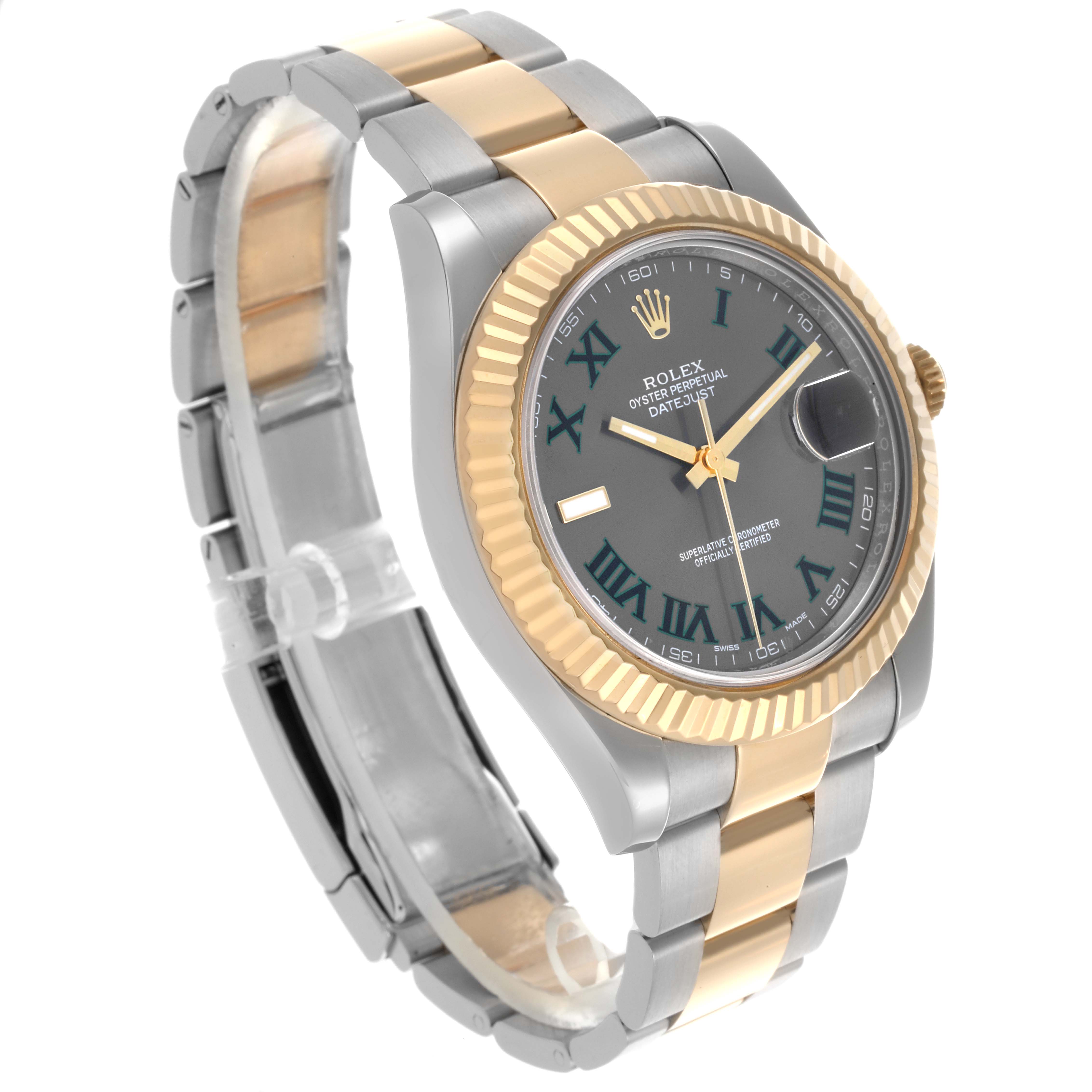The Rolex Datejust 41 116333 Men's Steel and Gold (two tone) Grey Dial 116333 Men's Steel and Gold (two tone) Grey Dial is shown from an angled view, highlighting its two-tone bracelet and fluted bezel.