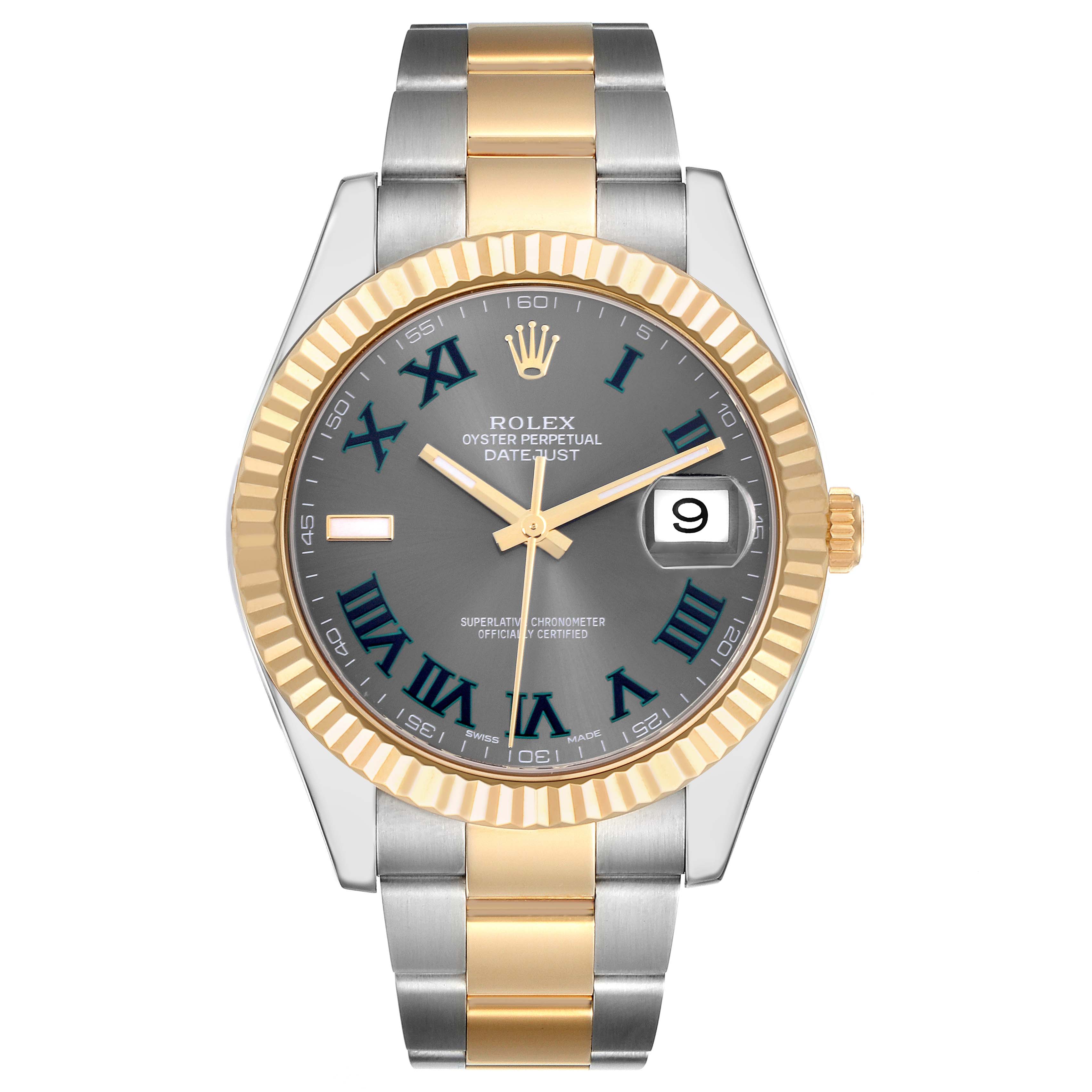 The image shows a front view of a Rolex Datejust 41 116333 Men's Steel and Gold (two tone) Grey Dial 116333 Men's Steel and Gold (two tone) Grey Dial watch, displaying the dial, bezel, and two-tone bracelet.