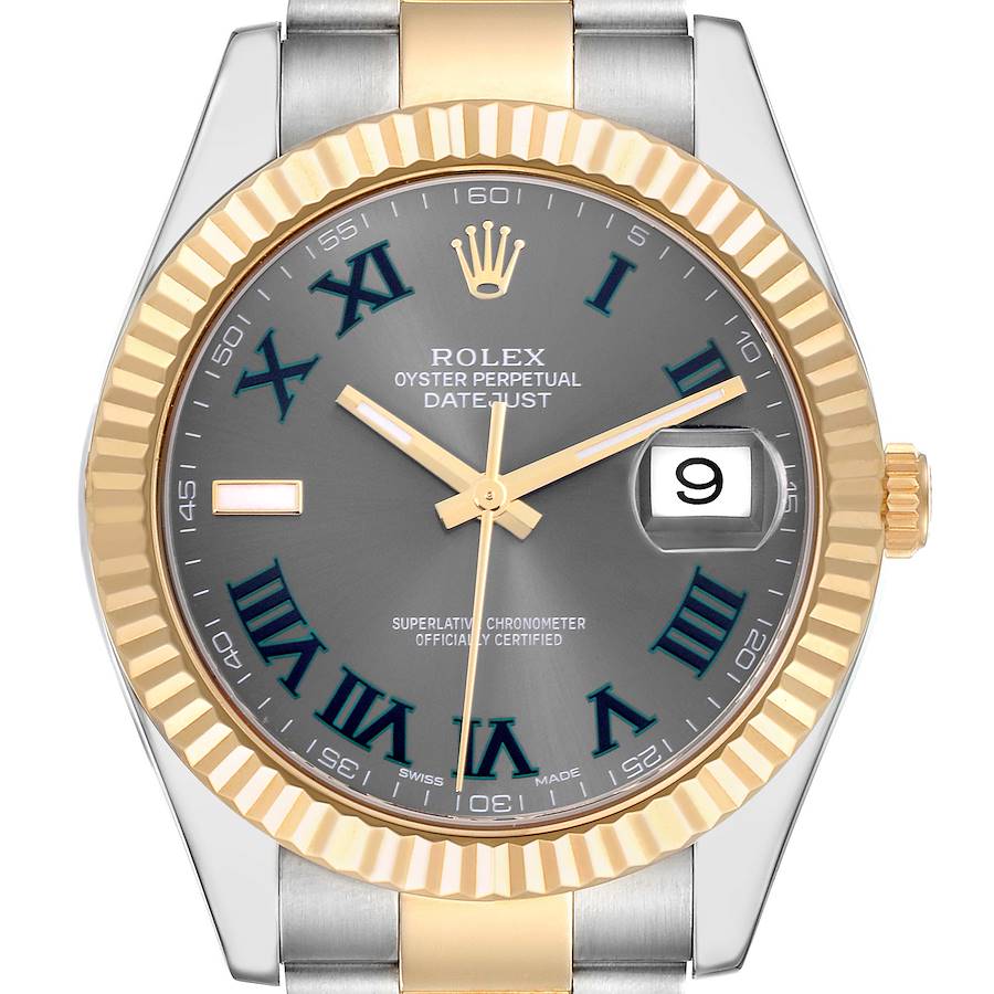 The Rolex Datejust 41 watch is shown from a direct front angle, highlighting the dial, bezel, and crown.