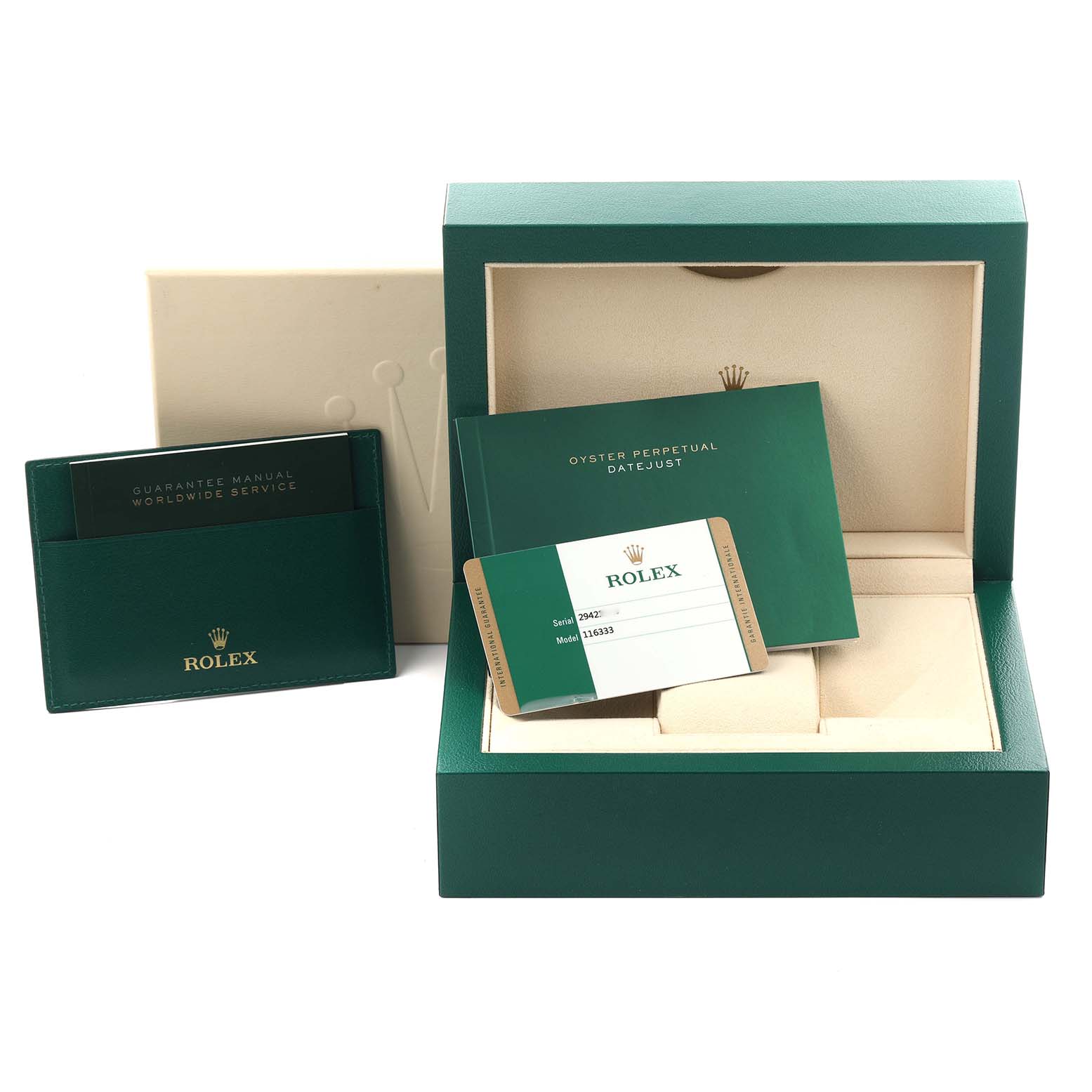 The image shows the Rolex Datejust 41 116333 Men's Steel and Gold (two tone) Grey Dial 116333 Men's Steel and Gold (two tone) Grey Dial's box, warranty card, and manuals, photographed from the front.