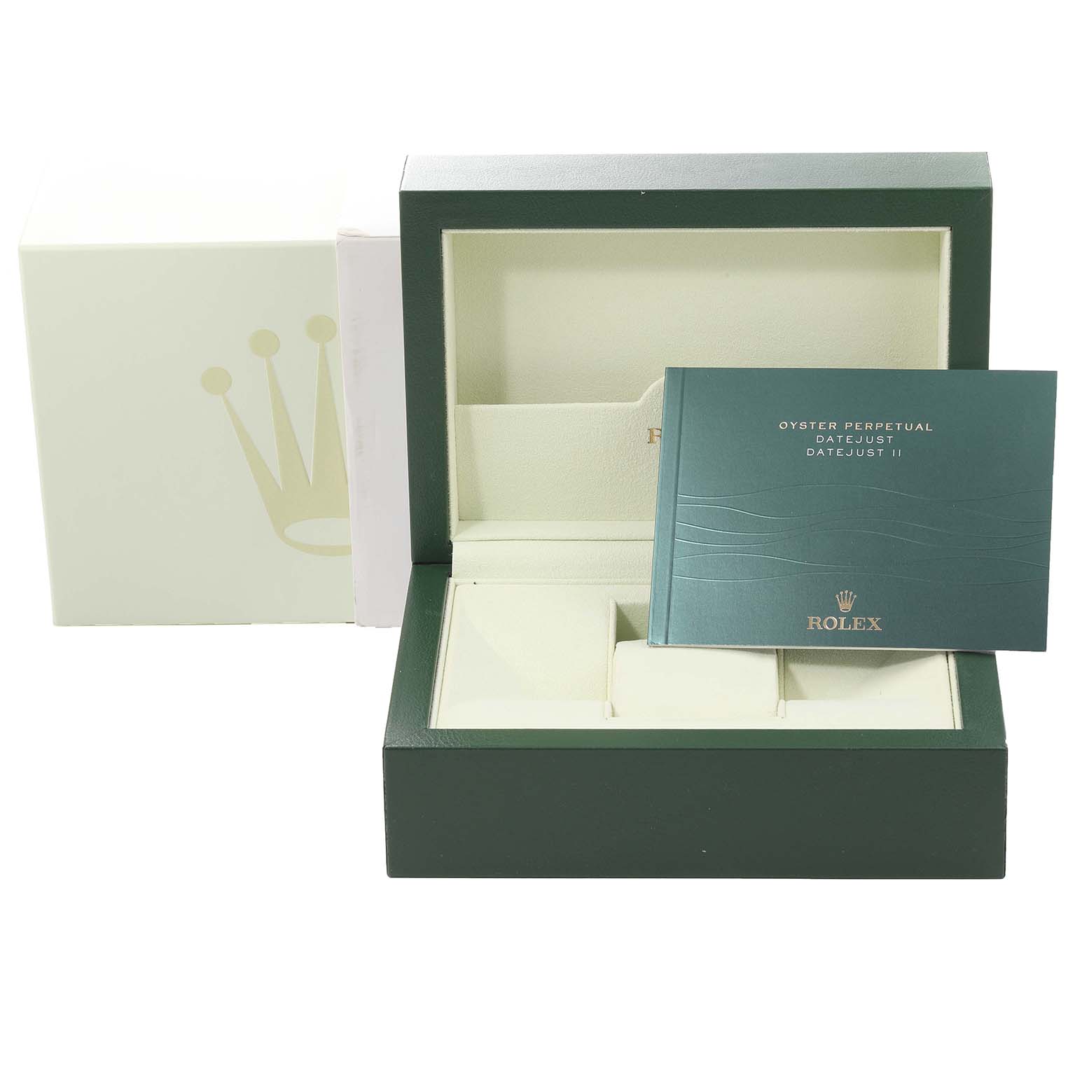 The image shows the open box and manual for a Rolex Datejust 16013 Men's Steel and Gold (two tone) Champagne Dial 16013 Men's Steel and Gold (two tone) Champagne Dial watch, with the manual placed inside the box.