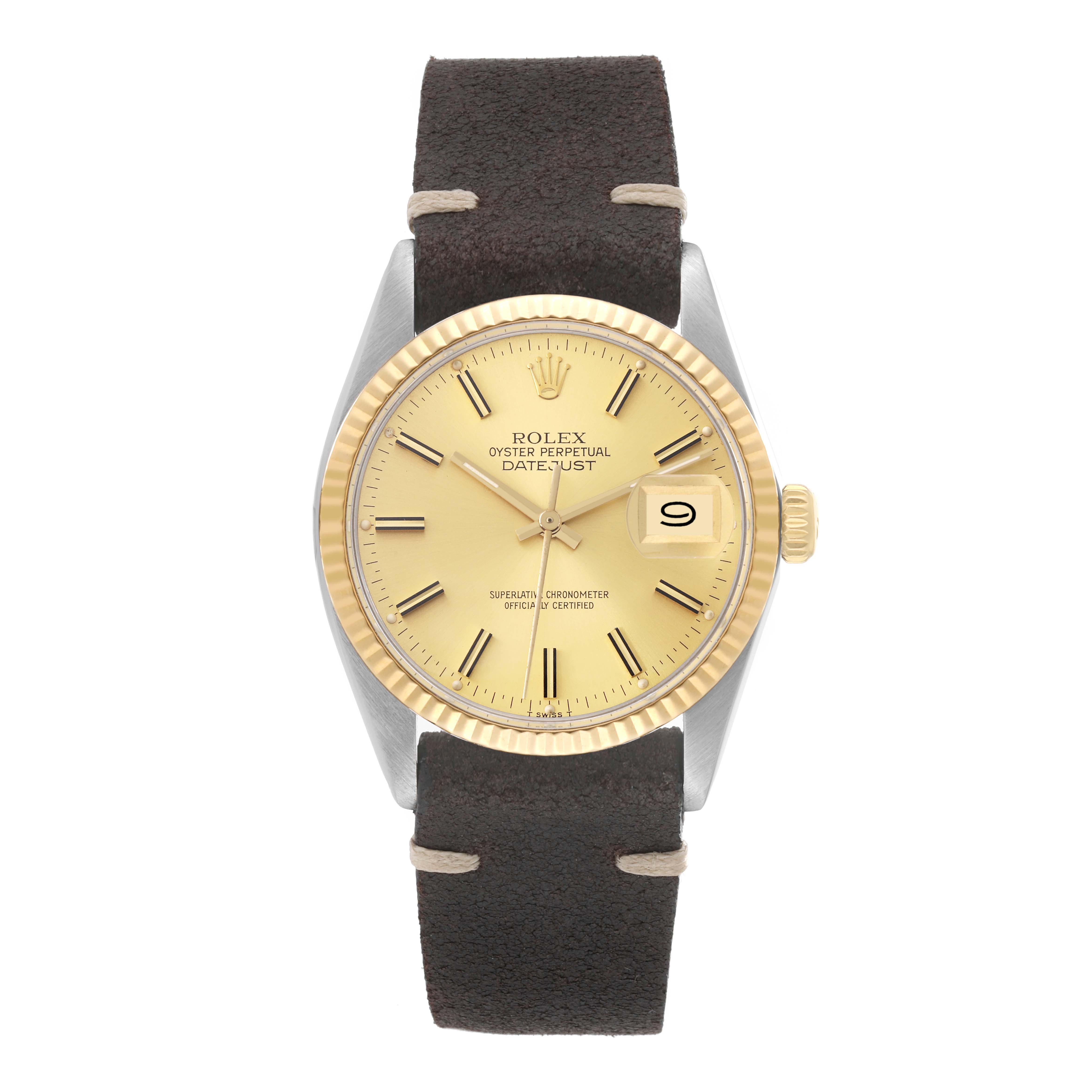 The image shows a front view of a Rolex Datejust 16013 Men's Steel and Gold (two tone) Champagne Dial 16013 Men's Steel and Gold (two tone) Champagne Dial model watch with a gold dial and a dark leather strap.