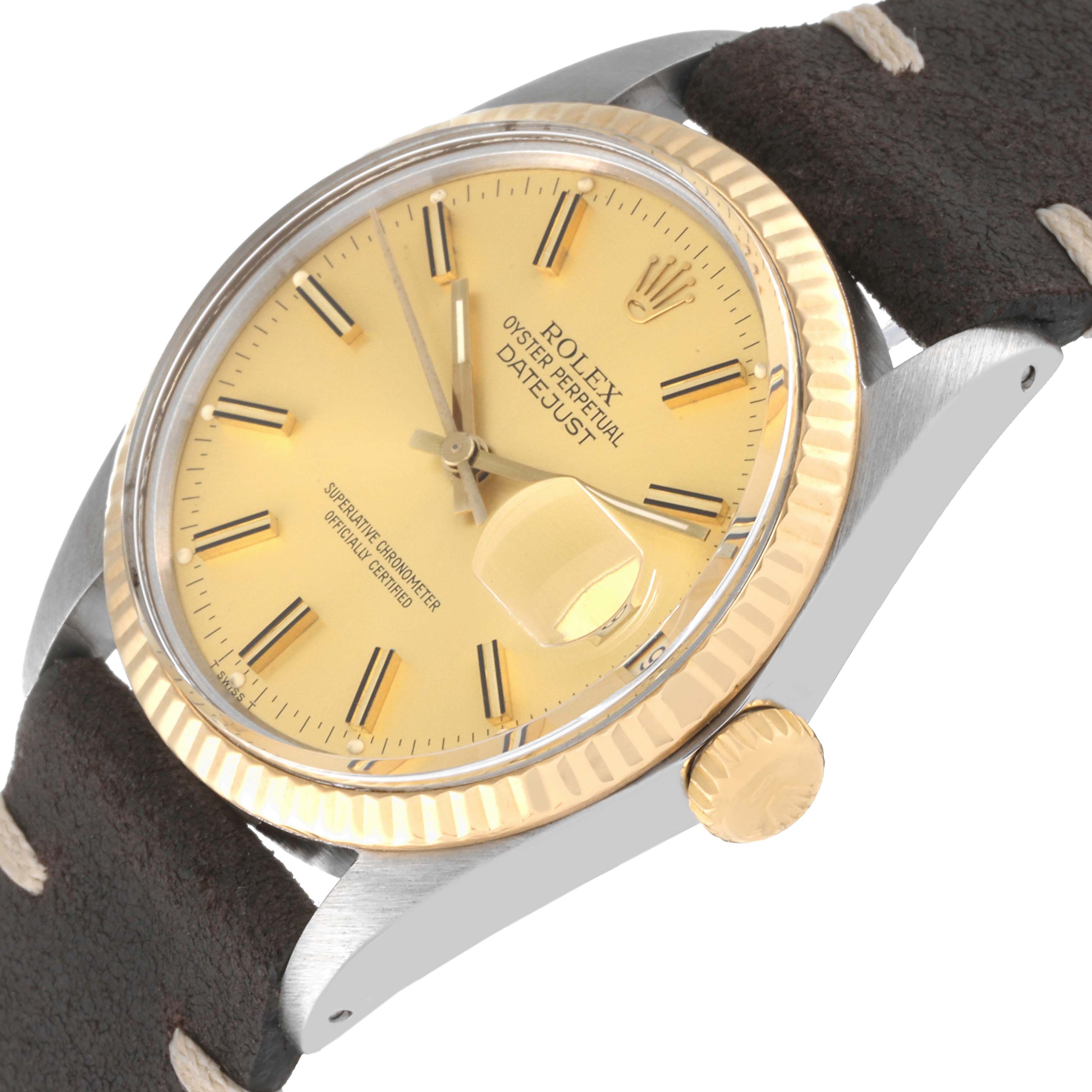 The image shows a close-up of a Rolex Datejust 16013 Men's Steel and Gold (two tone) Champagne Dial 16013 Men's Steel and Gold (two tone) Champagne Dial watch at an angle highlighting the dial, bezel, crown, and part of the strap.