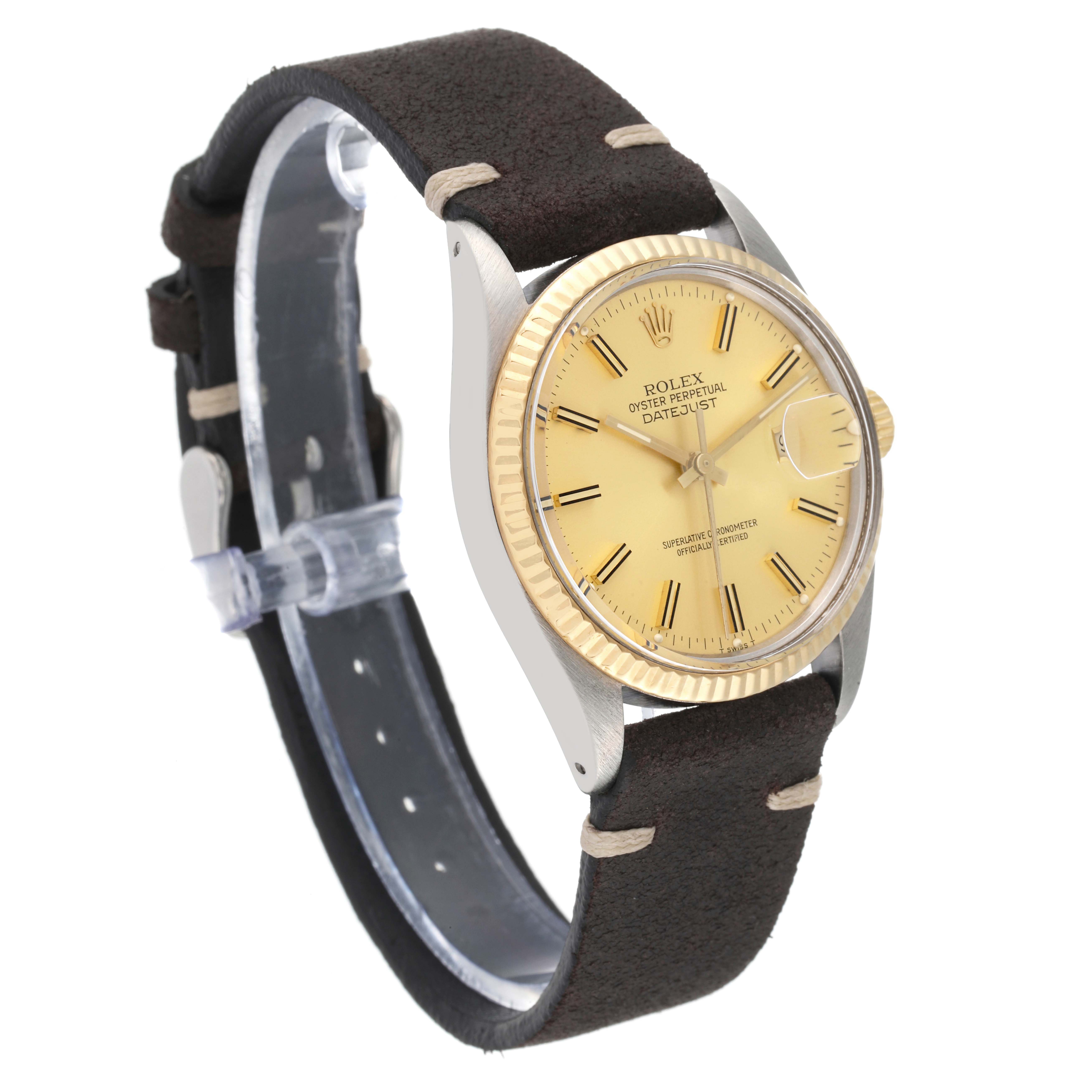 The Rolex Datejust 16013 Men's Steel and Gold (two tone) Champagne Dial 16013 Men's Steel and Gold (two tone) Champagne Dial watch is shown at an angled view, displaying the face, bezel, crown, and leather strap.