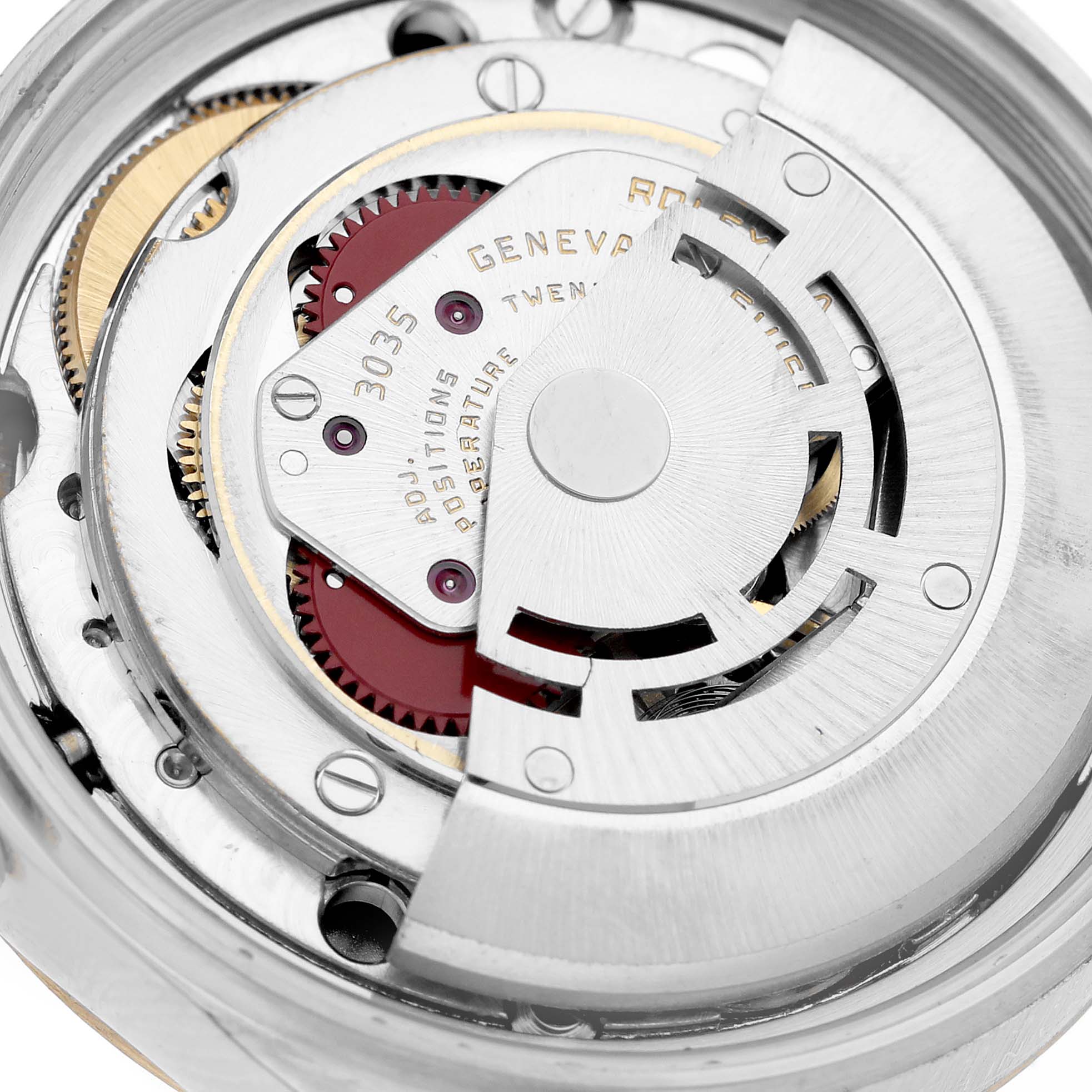 This image shows a close-up view of the Rolex Datejust 16013 Men's Steel and Gold (two tone) Champagne Dial 16013 Men's Steel and Gold (two tone) Champagne Dial watch's movement mechanism.