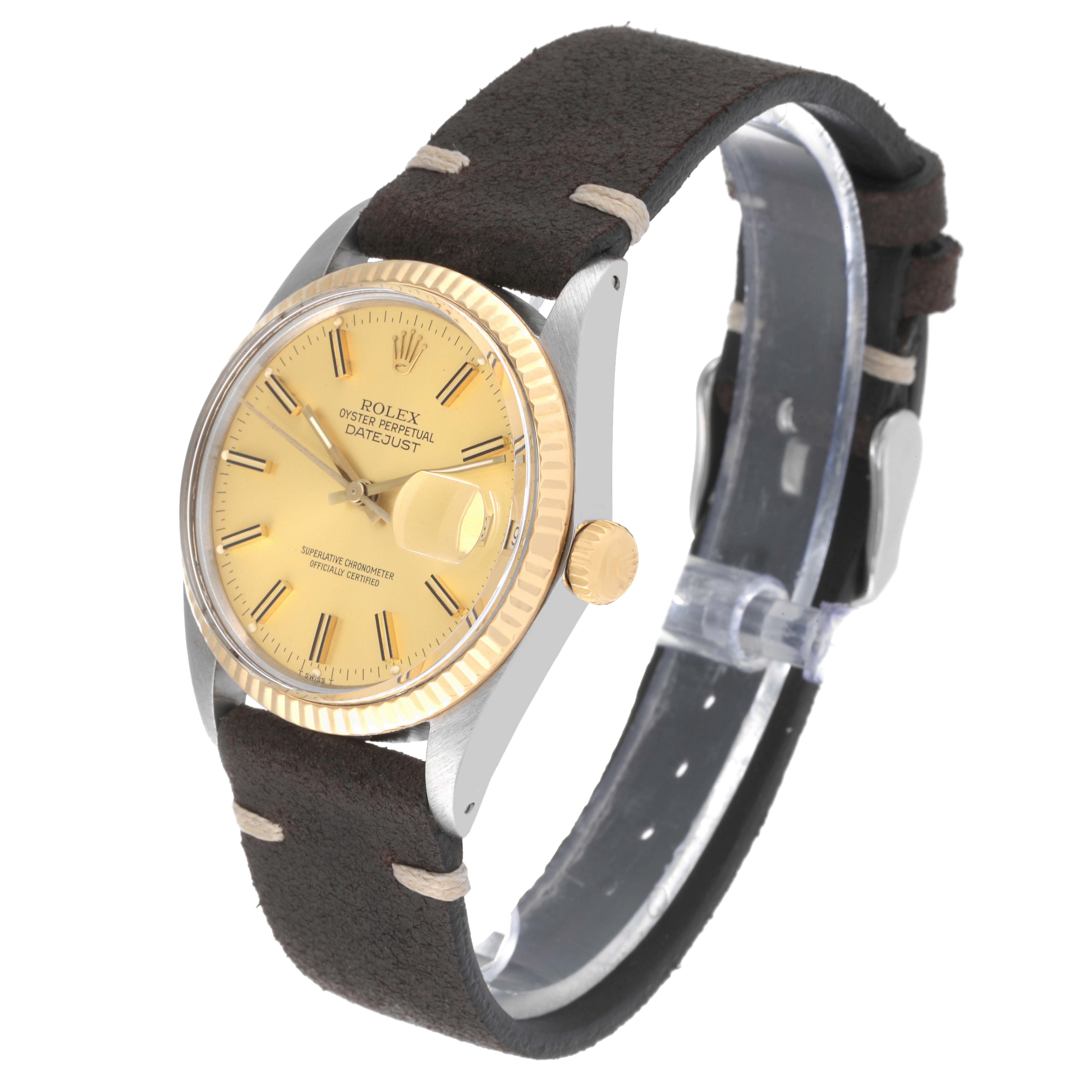 The image shows a Rolex Datejust 16013 Men's Steel and Gold (two tone) Champagne Dial 16013 Men's Steel and Gold (two tone) Champagne Dial watch at a slight angle, highlighting the dial, bezel, crown, and strap.