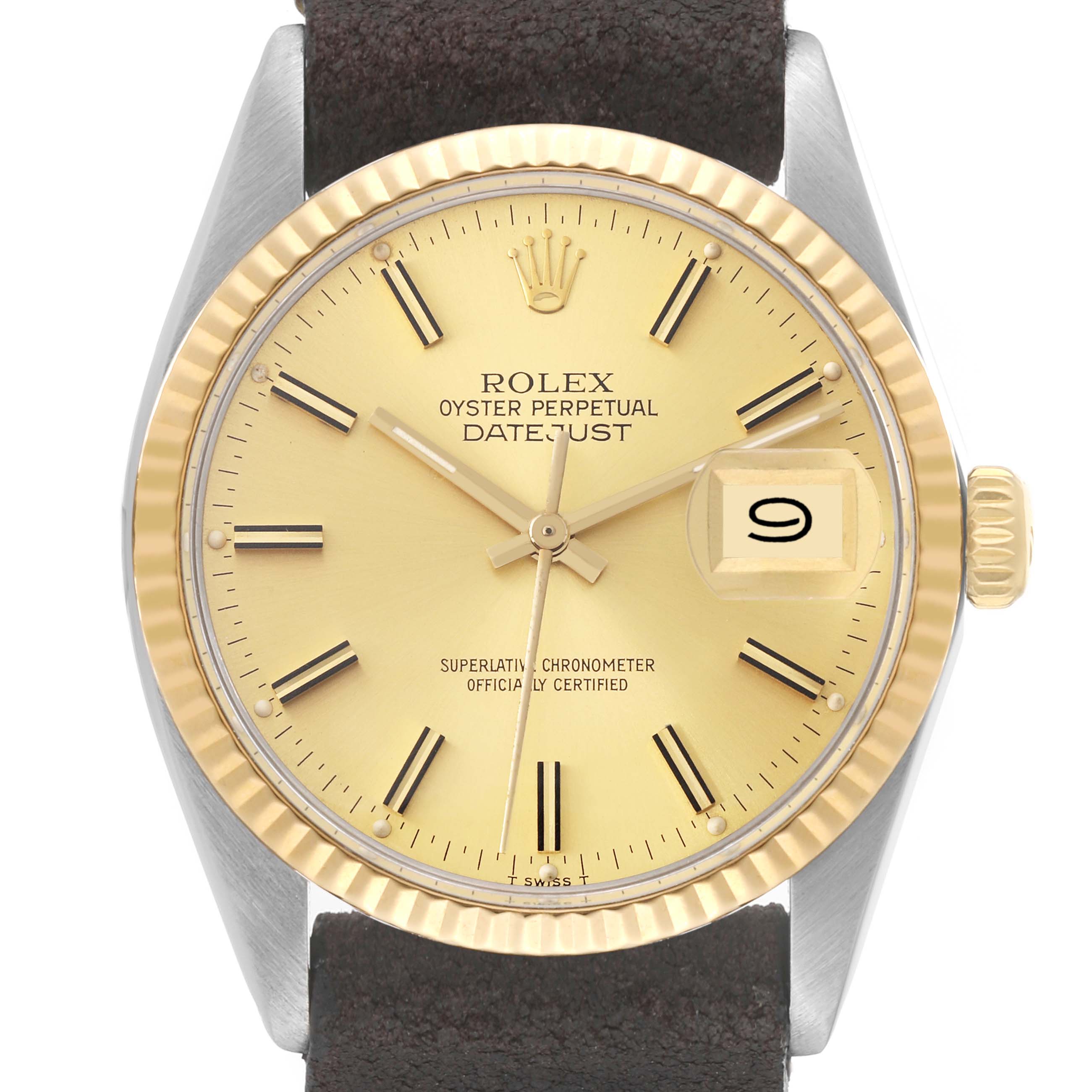 This image shows a close-up, front view of a Rolex Datejust 16013 Men's Steel and Gold (two tone) Champagne Dial 16013 Men's Steel and Gold (two tone) Champagne Dial watch, highlighting its face, bezel, and crown.