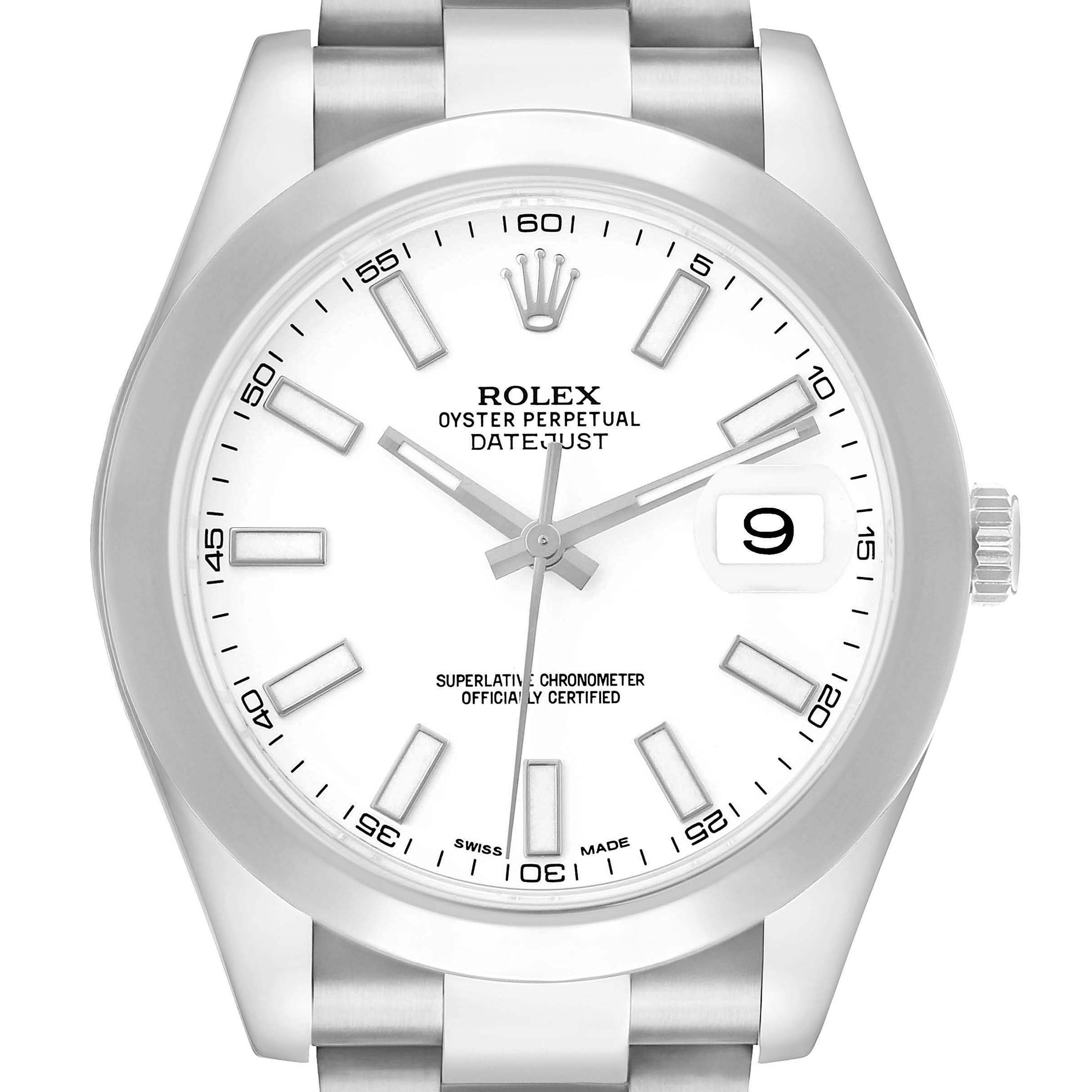 The Rolex Datejust 41 116300 Men's Stainless Steel White Dial is shown from the front, highlighting the dial, hands, markers, and date window.