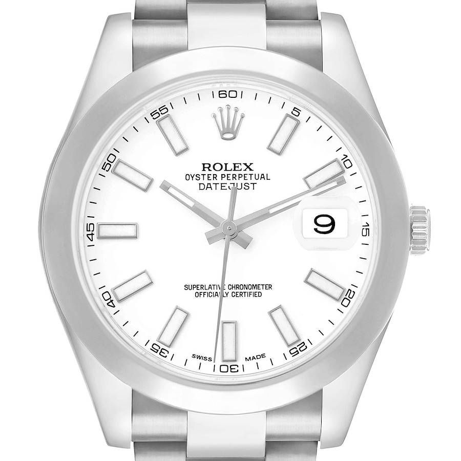The Rolex Datejust 41 116300 Men's Stainless Steel White Dial is shown from the front, highlighting the dial, hands, markers, and date window.