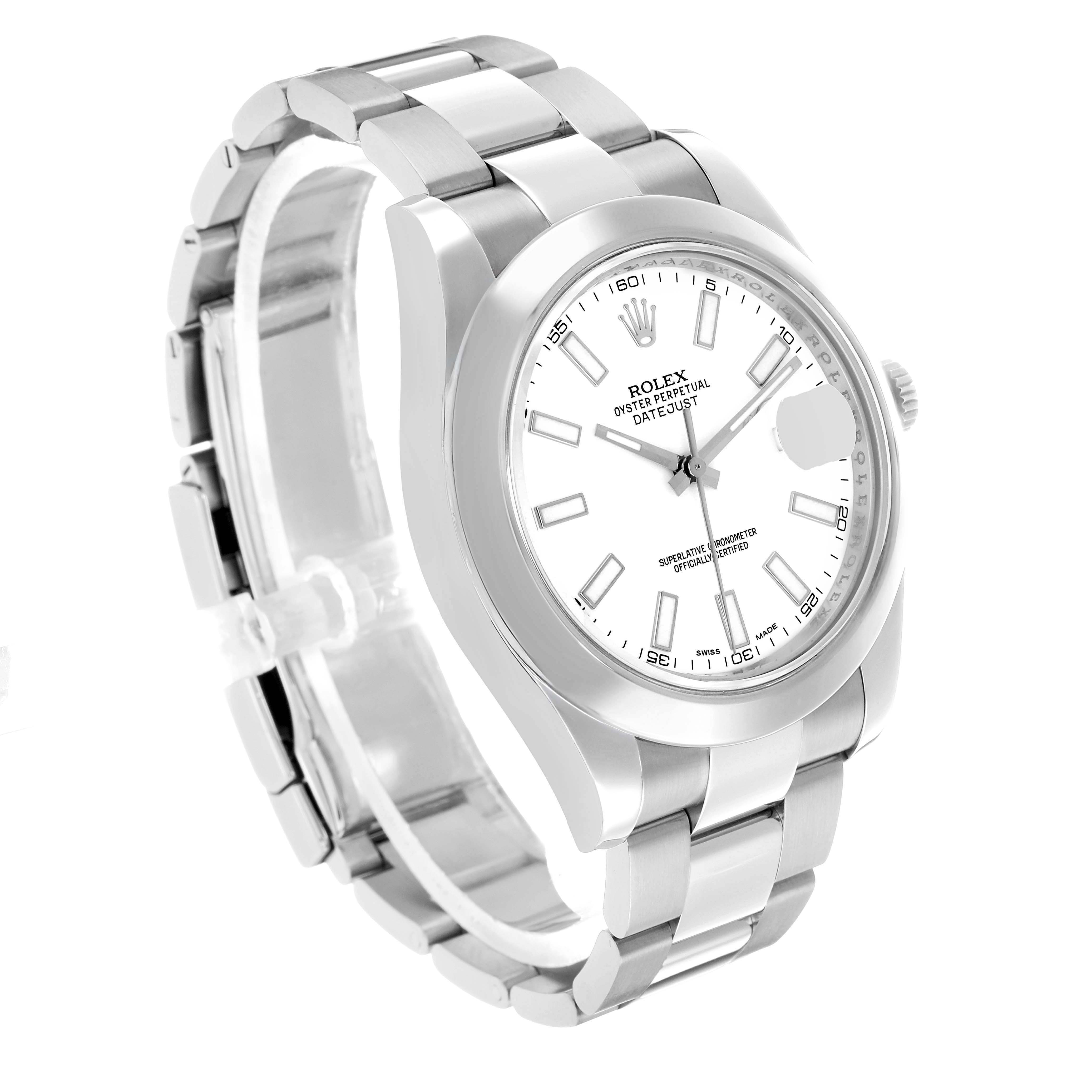The Rolex Datejust 41 116300 Men's Stainless Steel White Dial is shown at a side angle, displaying the case, dial, bracelet, and crown.