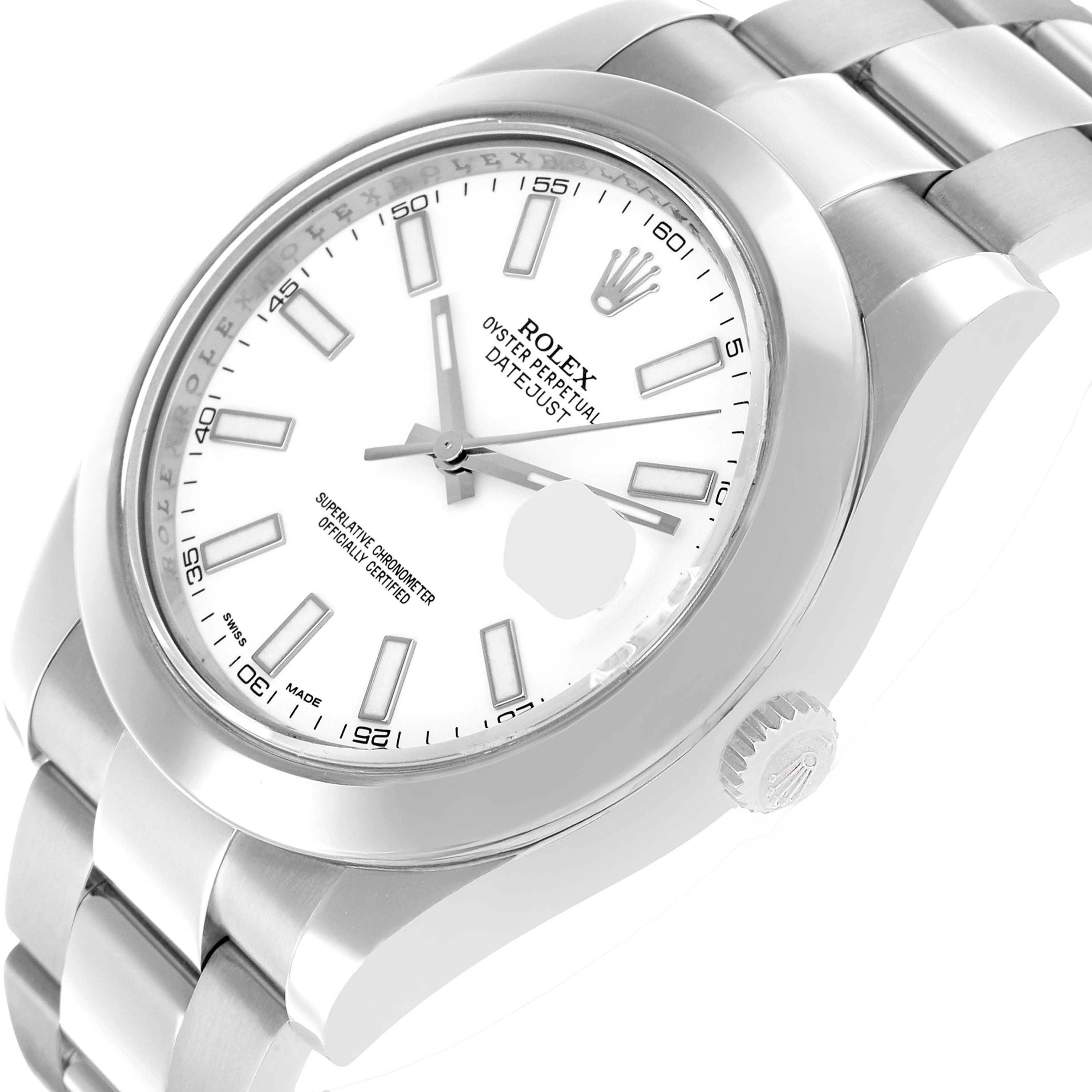 This image shows the Rolex Datejust 41 116300 Men's Stainless Steel White Dial at an angled side view, highlighting the dial, bezel, bracelet, and crown.