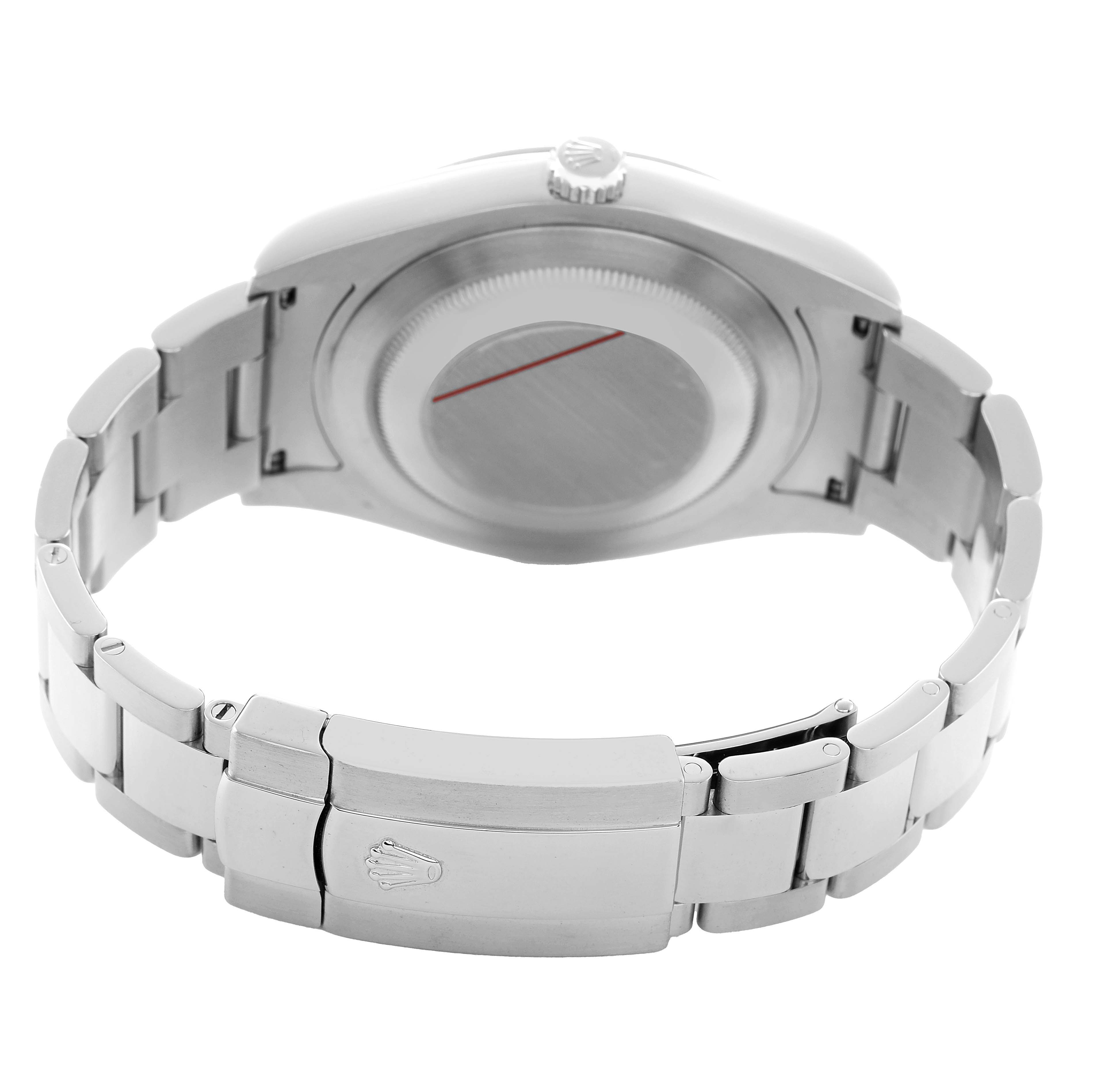 The image shows the back of a Rolex Datejust 41 116300 Men's Stainless Steel White Dial, highlighting the case back and bracelet clasp from a rear angle.