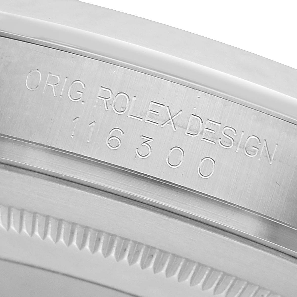 The image shows a close-up of the side engraving on the bezel of a Rolex Datejust 41 116300 Men's Stainless Steel White Dial watch.