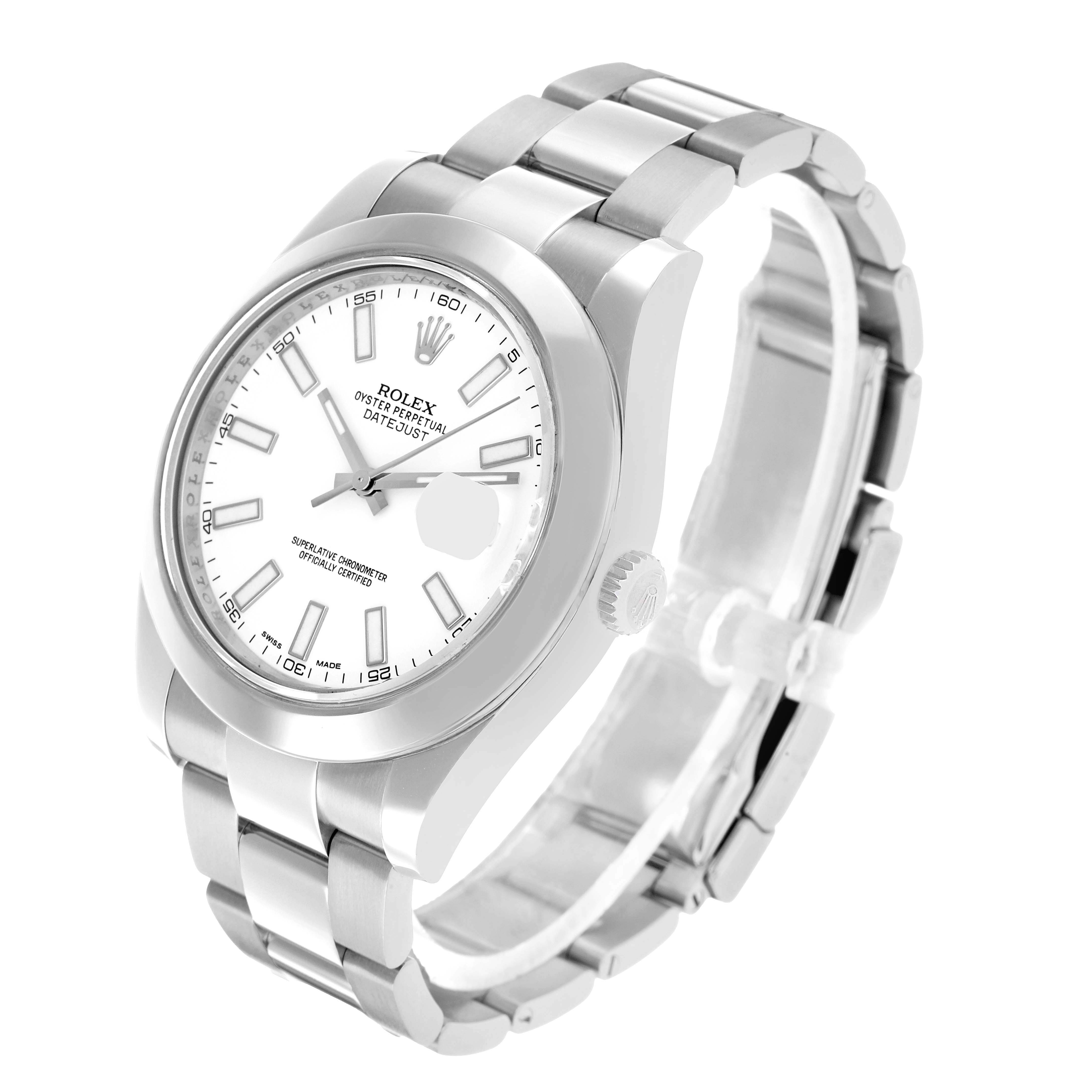 The Rolex Datejust 41 116300 Men's Stainless Steel White Dial is shown at a three-quarter angle, displaying its face, bezel, crown, and bracelet.