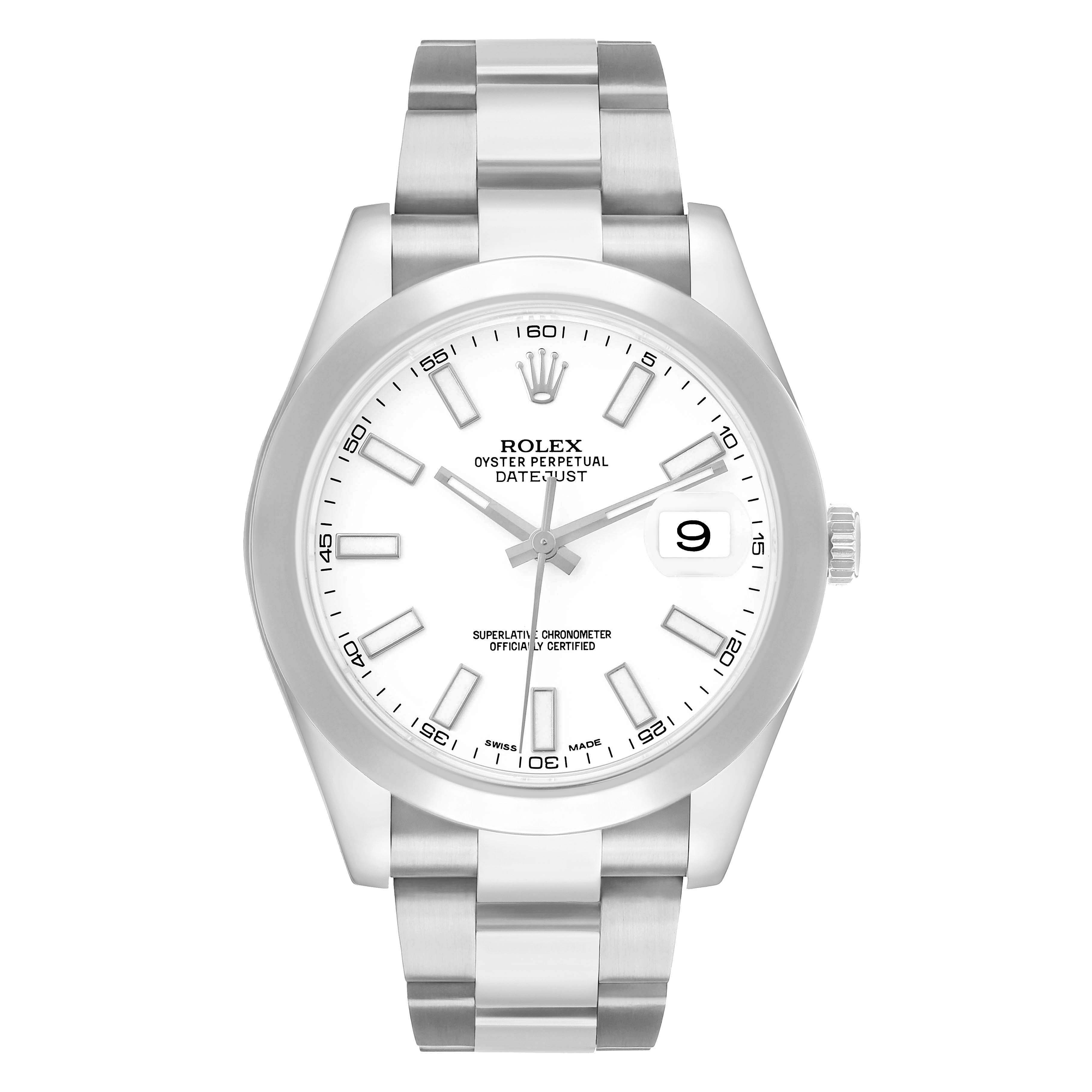 The Rolex Datejust 41 116300 Men's Stainless Steel White Dial watch is shown from a frontal angle, displaying the dial, hour markers, hands, bezel, and bracelet.