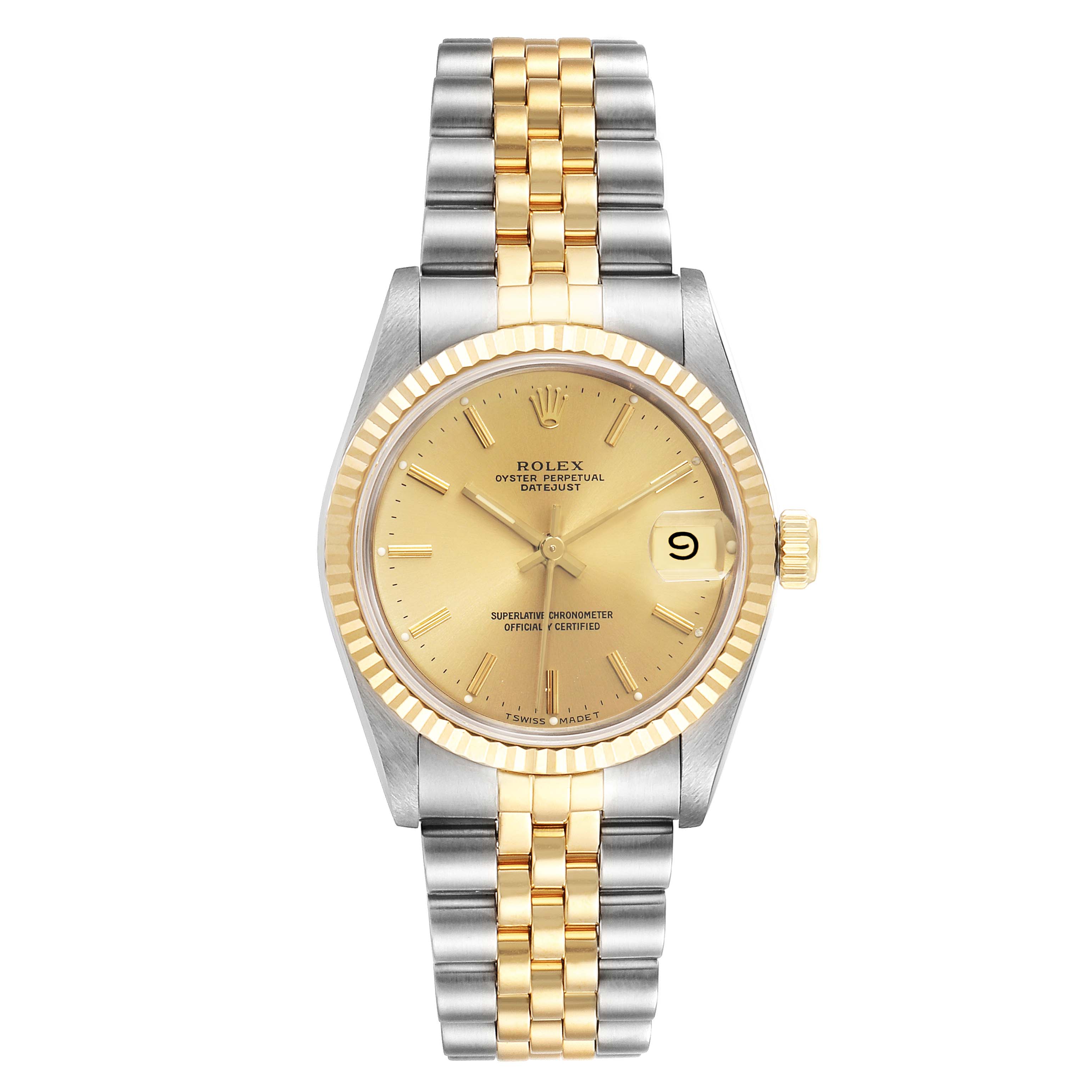 This image shows a front view of the Rolex Mid-Size 68273 Women's Steel and Gold (two tone) Champagne Dial 68273 Women's Steel and Gold (two tone) Champagne Dial Oyster Perpetual Datejust watch, featuring a two-tone metal band and a gold dial.