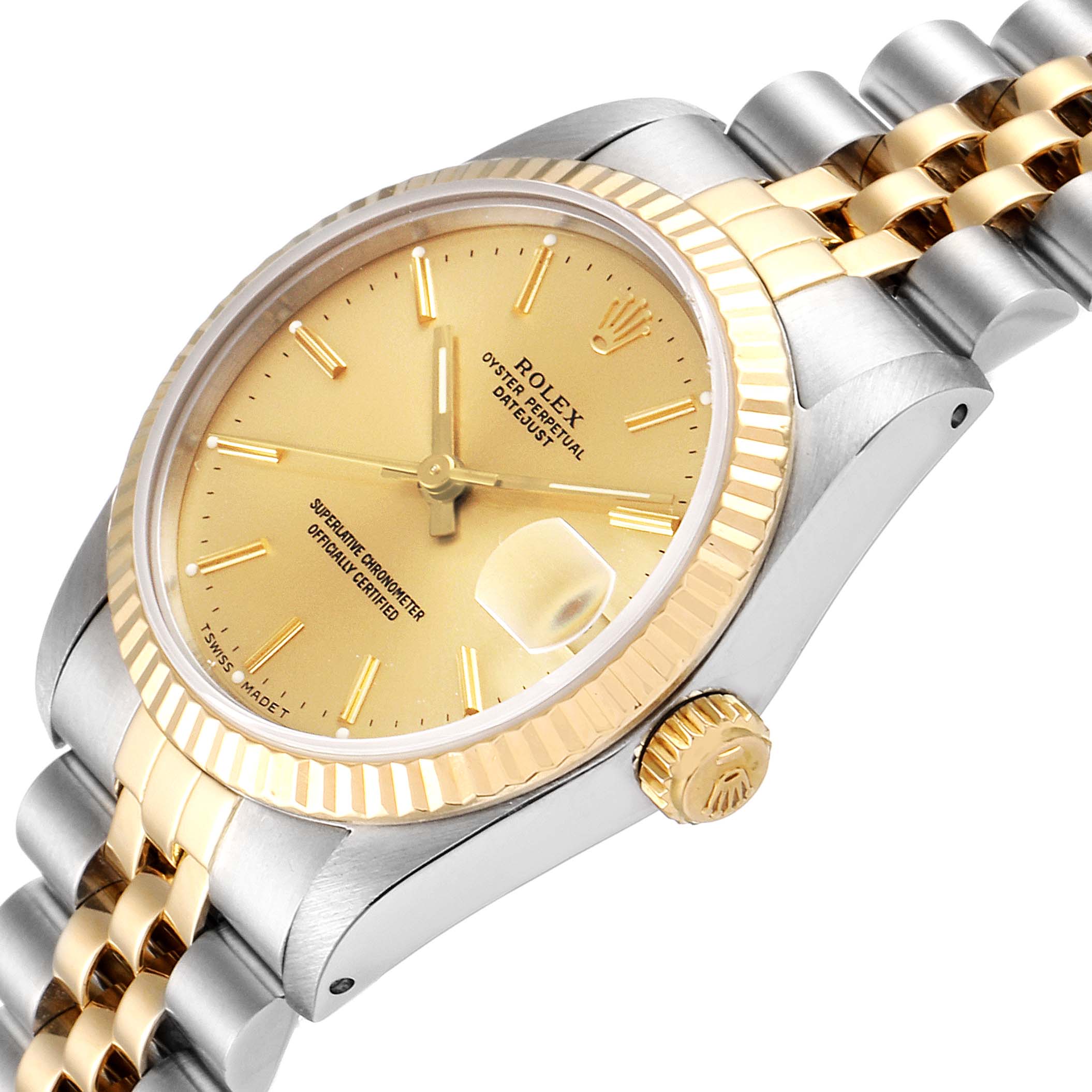 This image shows a close-up angle of the face and part of the band of a Rolex Mid-Size 68273 Women's Steel and Gold (two tone) Champagne Dial 68273 Women's Steel and Gold (two tone) Champagne Dial Oyster Perpetual Datejust watch.