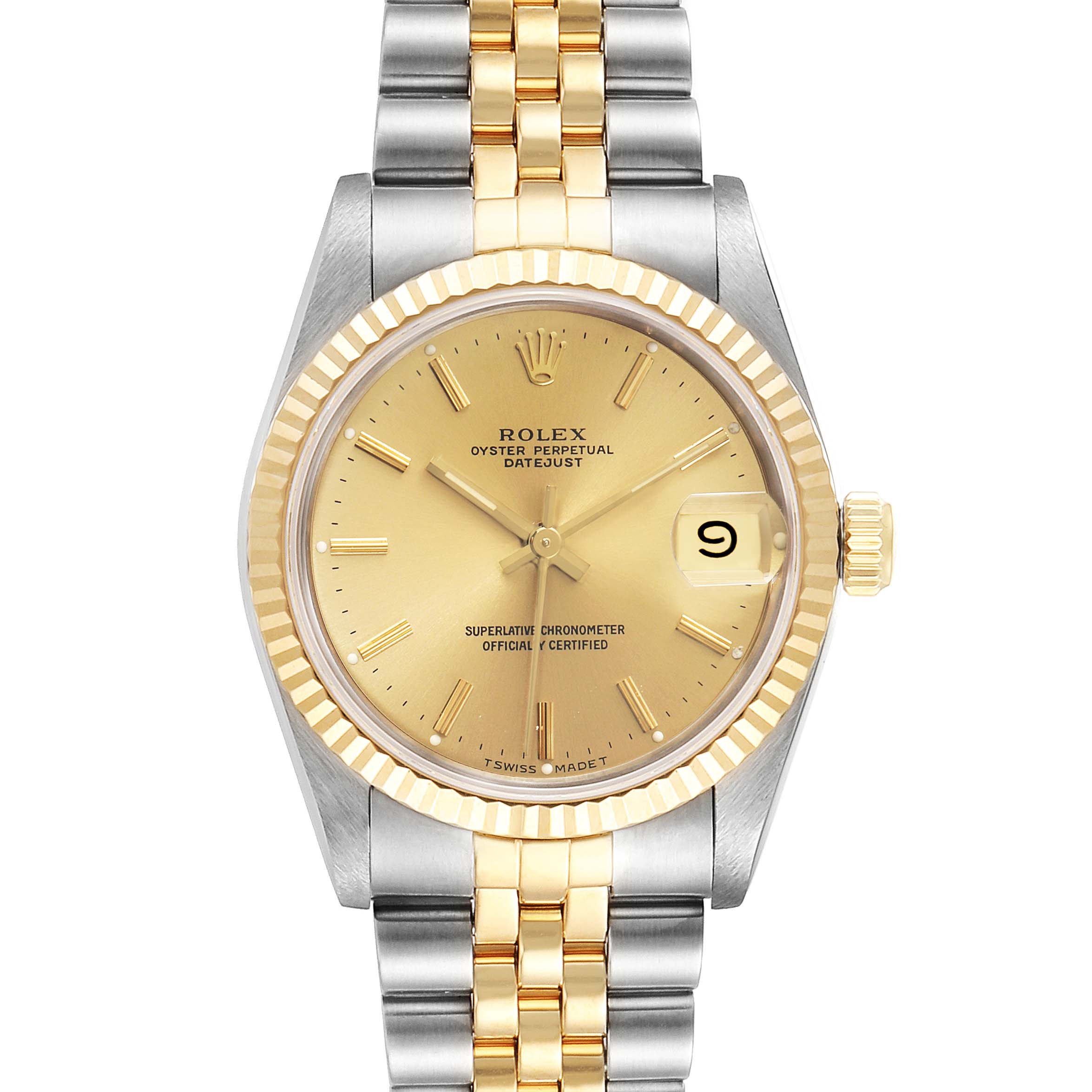 The image shows a front view of the Rolex Mid-Size 68273 Women's Steel and Gold (two tone) Champagne Dial 68273 Women's Steel and Gold (two tone) Champagne Dial Oyster Perpetual Datejust watch, displaying the dial, bezel, date window, and bracelet.