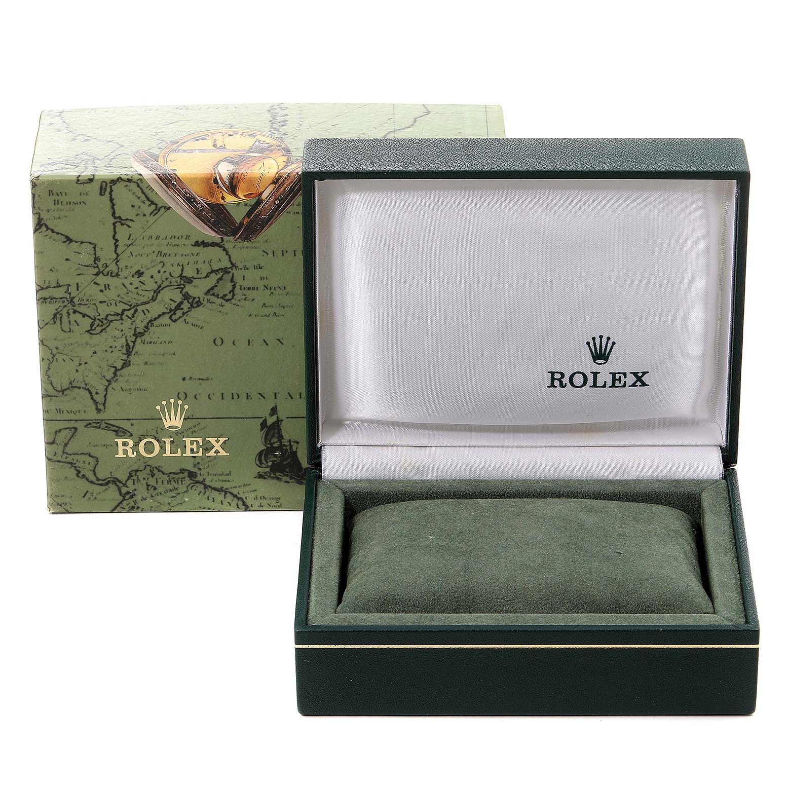 The image shows an open Rolex watch box with the outer packaging, without the Mid-Size Rolex watch inside.
