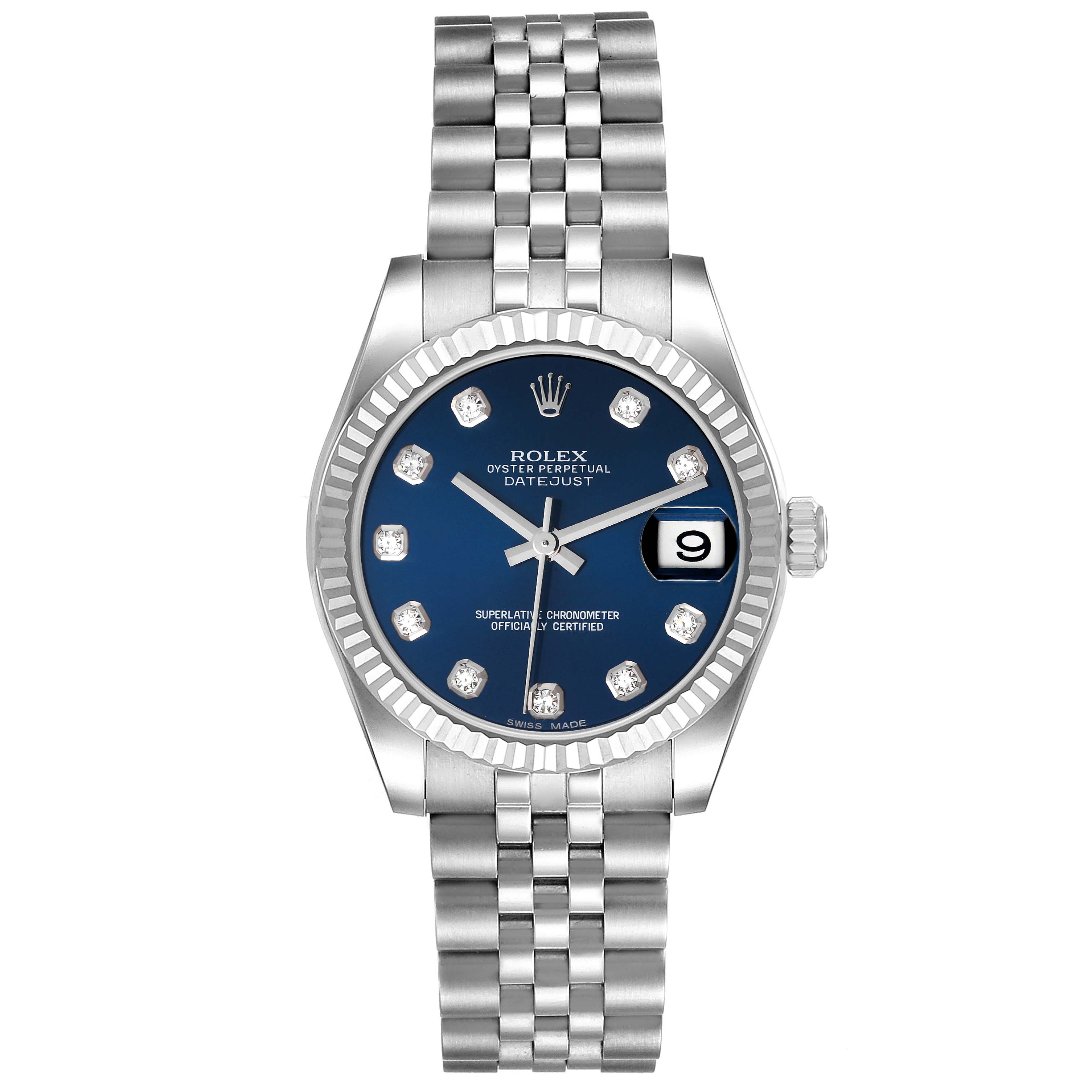 The image shows a face-on view of a Rolex Mid-Size 178274 Women
s Stainless Steel Blue Dial 178274 Women
s Stainless Steel Blue Dial Oyster Perpetual Datejust watch, highlighting the blue dial, date display, and metal bracelet.