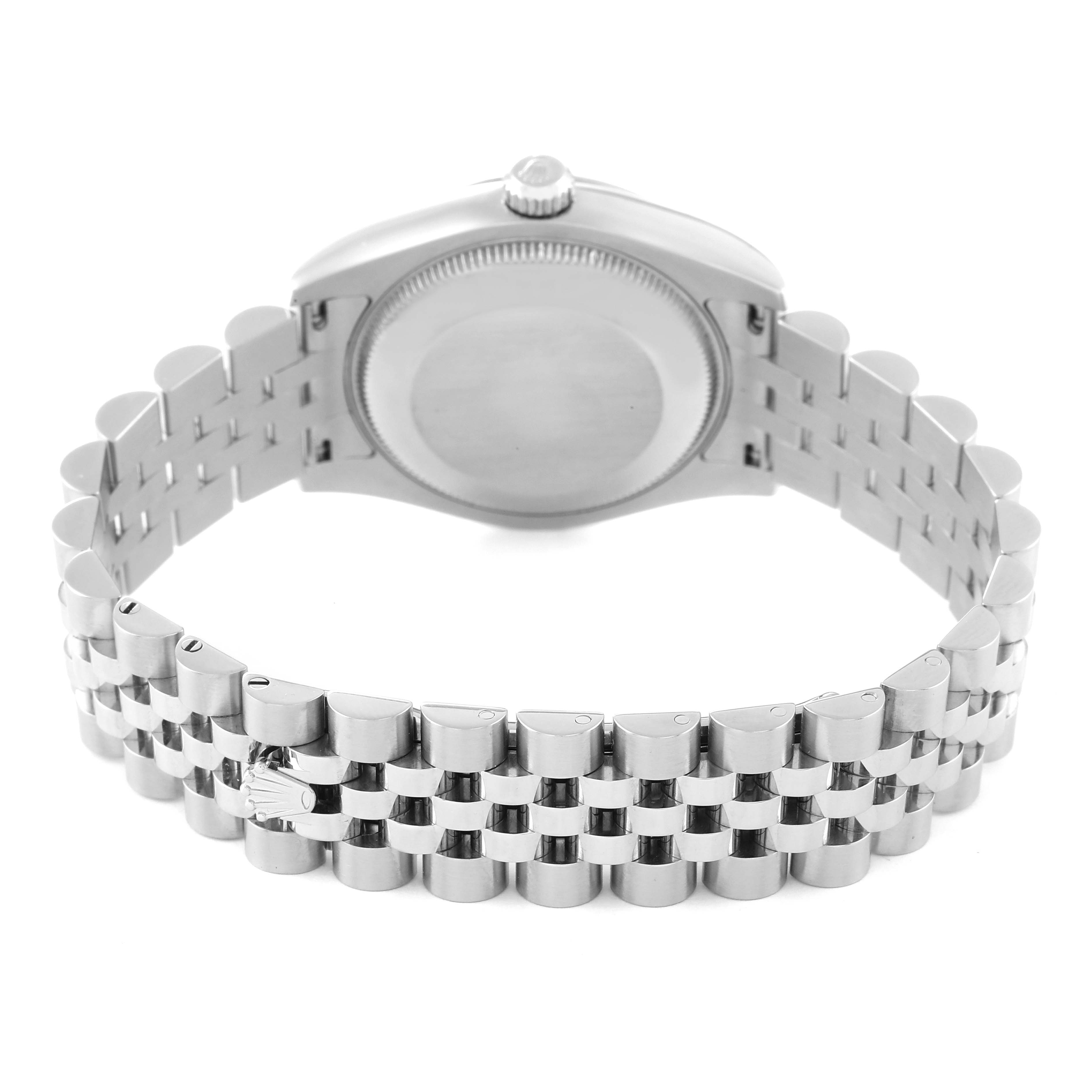 The image shows the back view of a Rolex Mid-Size 178274 Women
s Stainless Steel Blue Dial 178274 Women
s Stainless Steel Blue Dial watch, highlighting the caseback and bracelet.