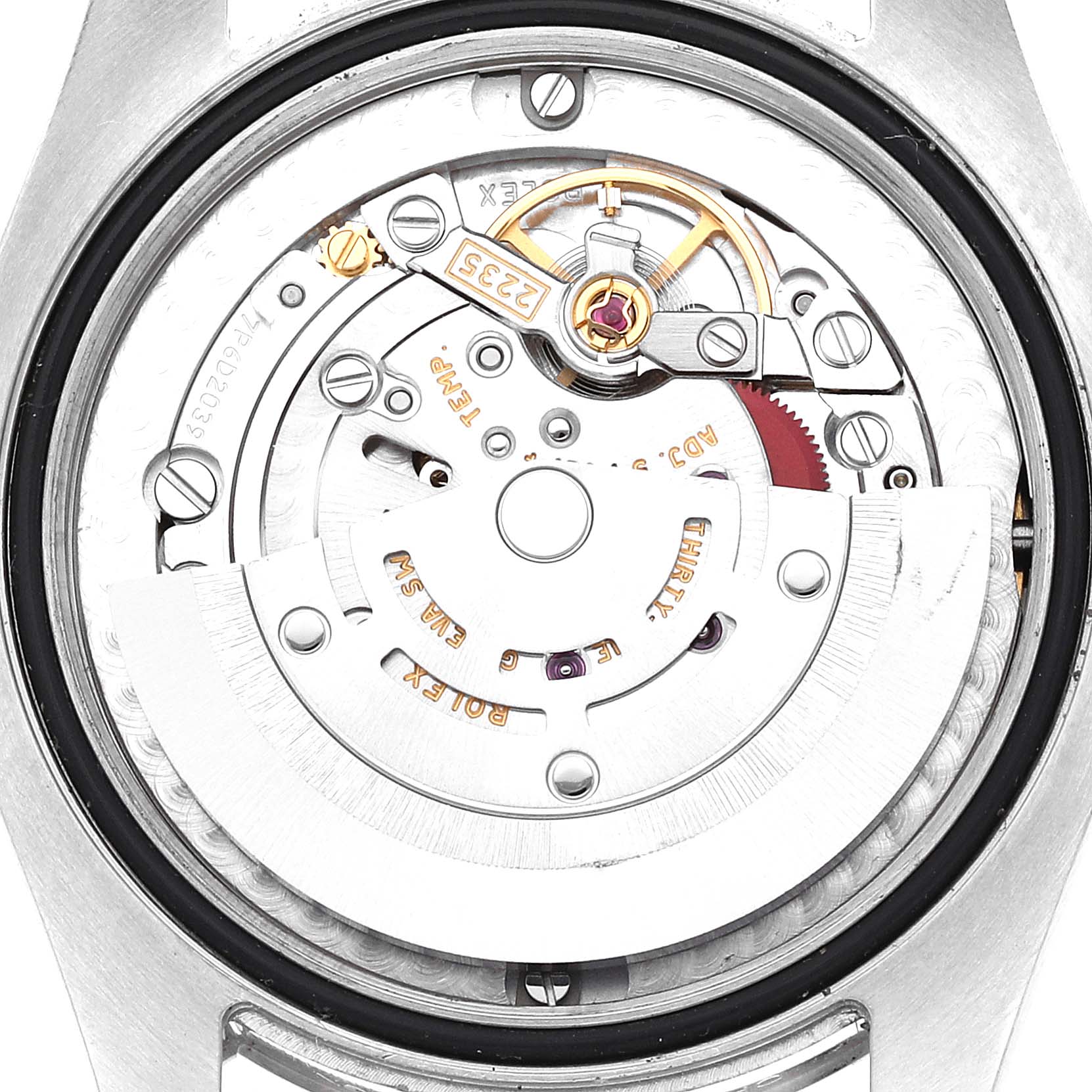 The image shows the internal mechanism and movement of a Mid-Size Rolex watch from a back view.