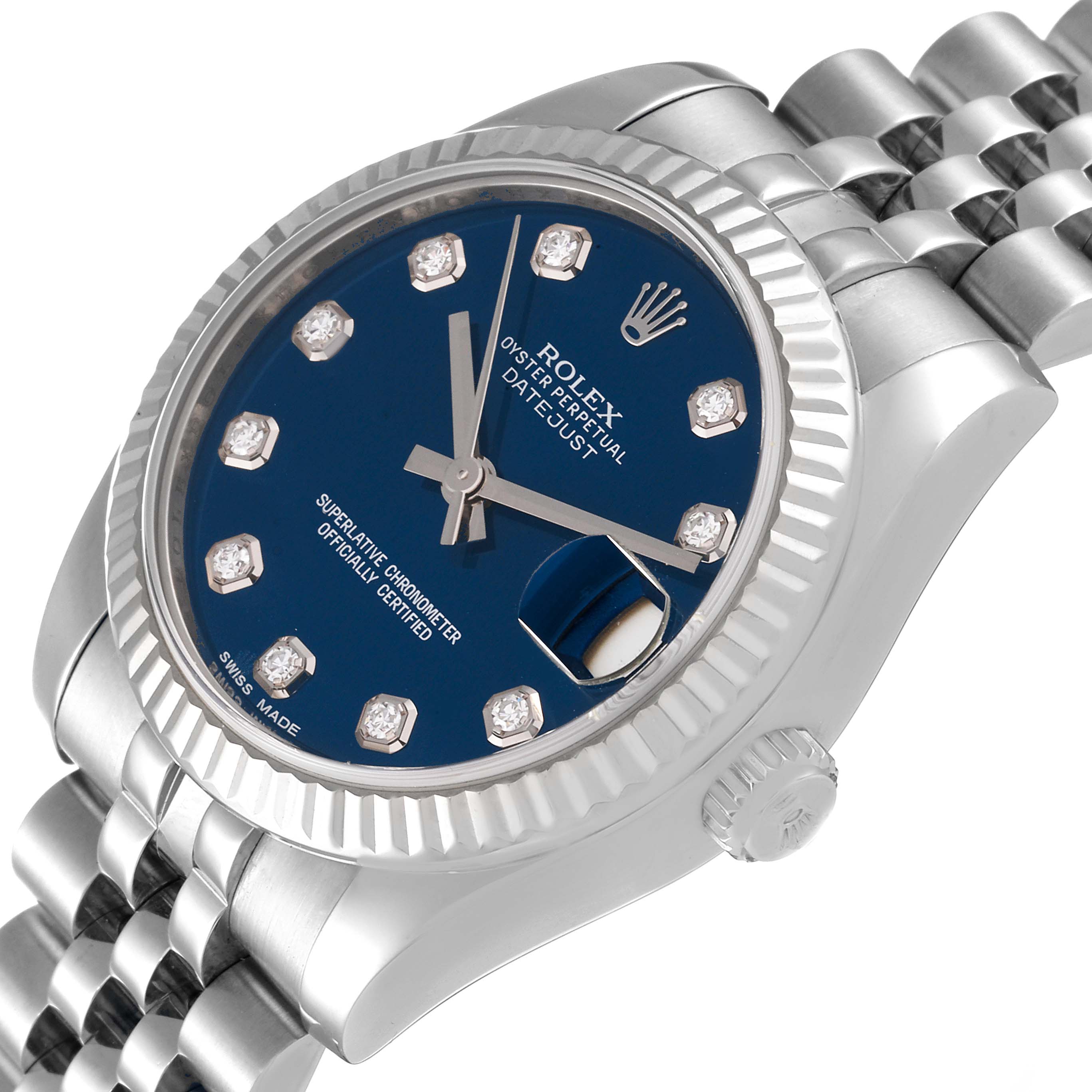 This image shows a Rolex Mid-Size 178274 Women
s Stainless Steel Blue Dial 178274 Women
s Stainless Steel Blue Dial watch at an angled view, highlighting its blue dial, date window, bezel, and bracelet.