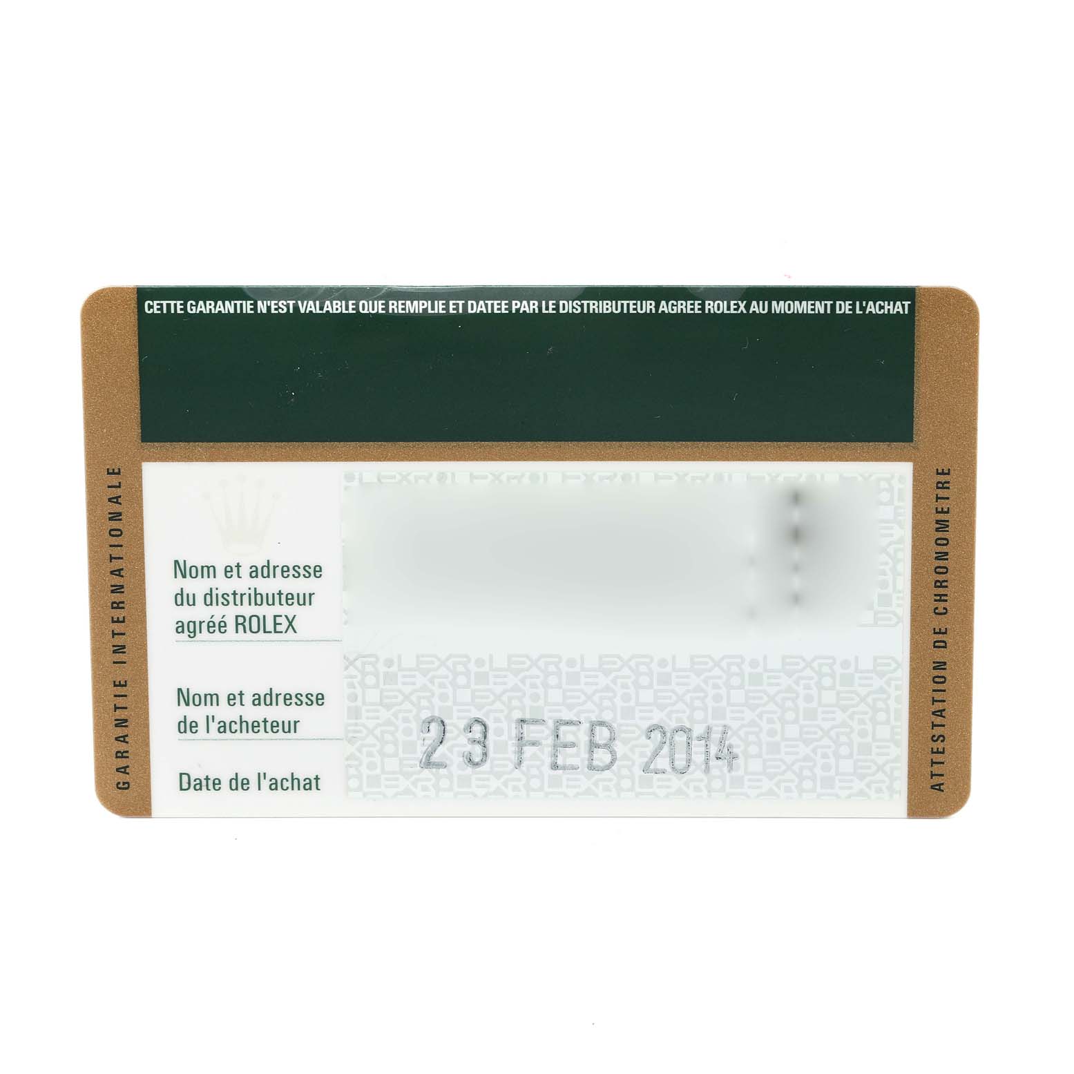 This image shows a guarantee card for a Mid-Size Rolex watch, highlighting purchase date and distributor information.