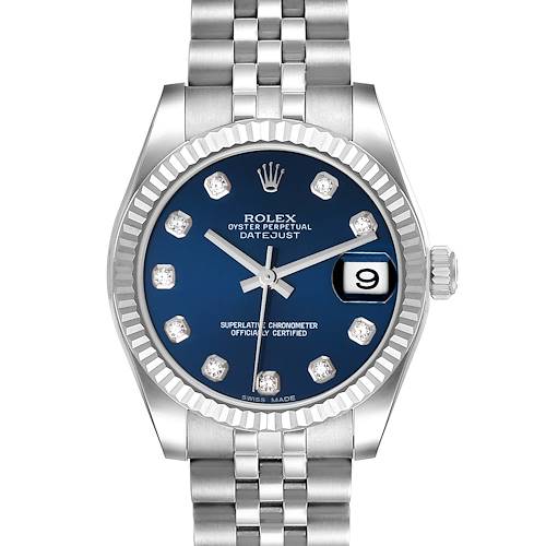Photo of Rolex Datejust Midsize Steel White Gold Blue Diamond Dial Watch 178274 Box Card