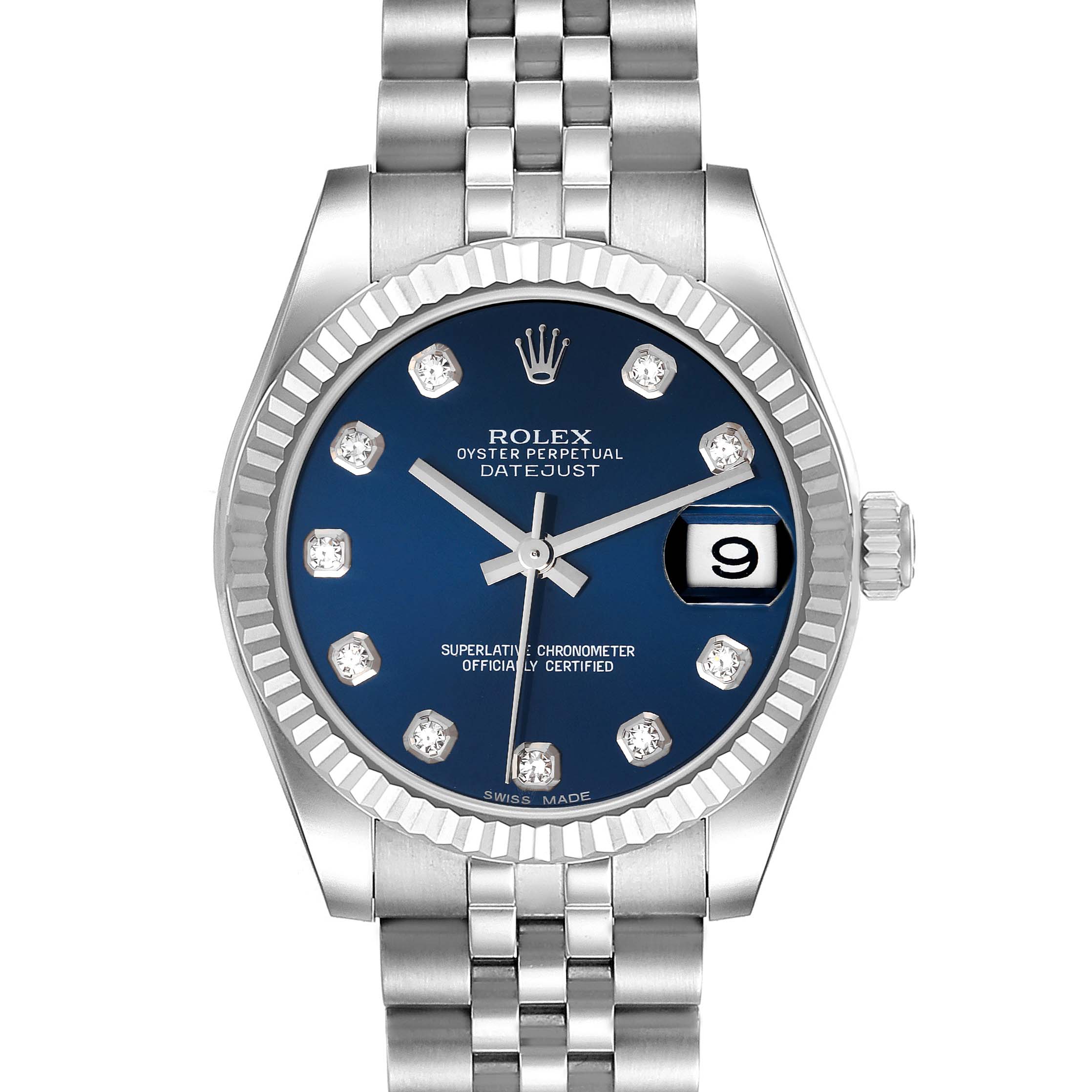 This image shows the front view of a Rolex Mid-Size 178274 Women
s Stainless Steel Blue Dial 178274 Women
s Stainless Steel Blue Dial Oyster Perpetual Datejust watch with a blue dial and date display.