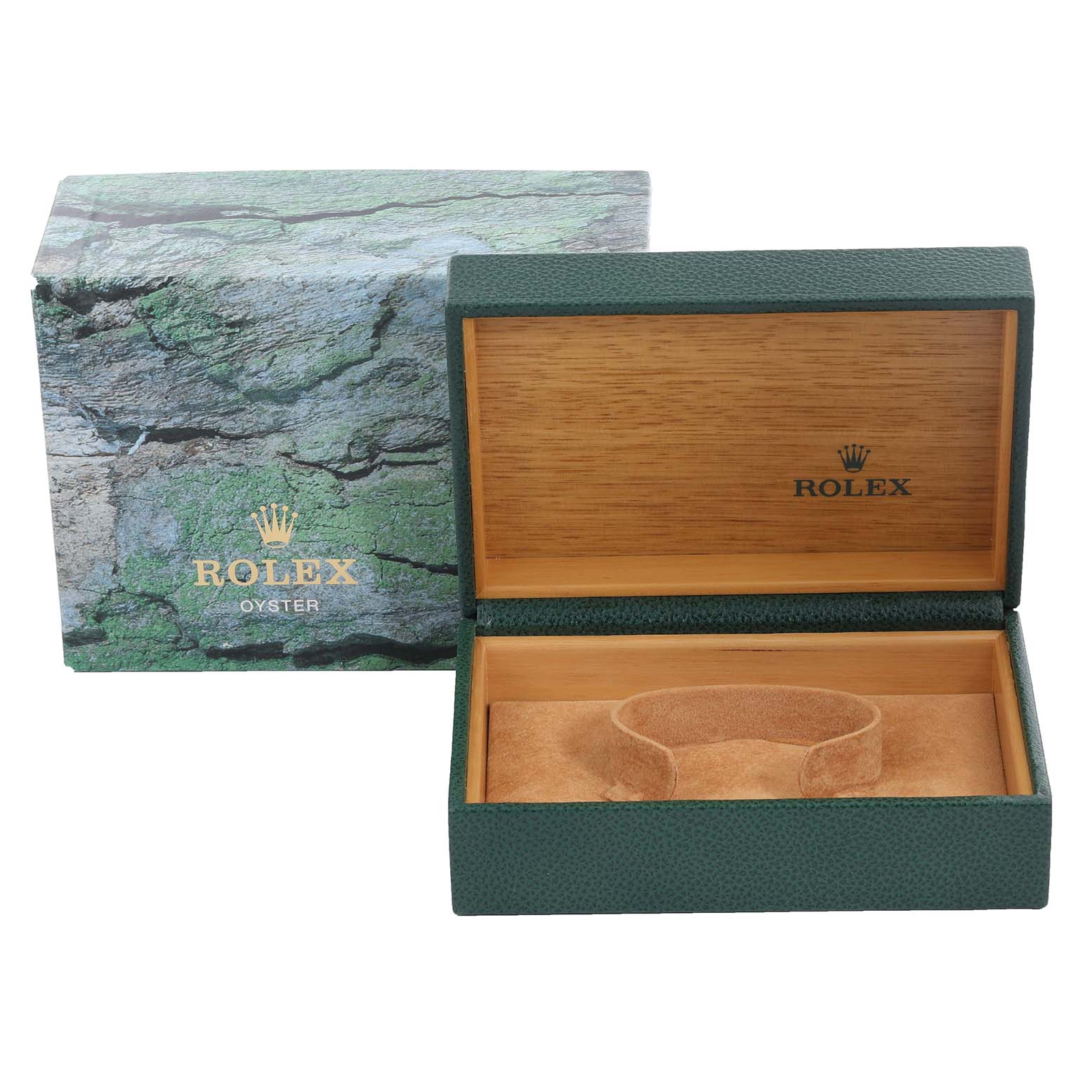 The image shows a green Rolex Oyster watch box and an open wooden interior with a suede watch holder, viewed from the front.