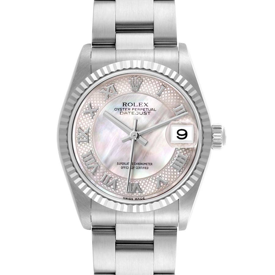 The Rolex Datejust Mid-Size watch is shown from the front, displaying the dial, bezel, bracelet, and crown.