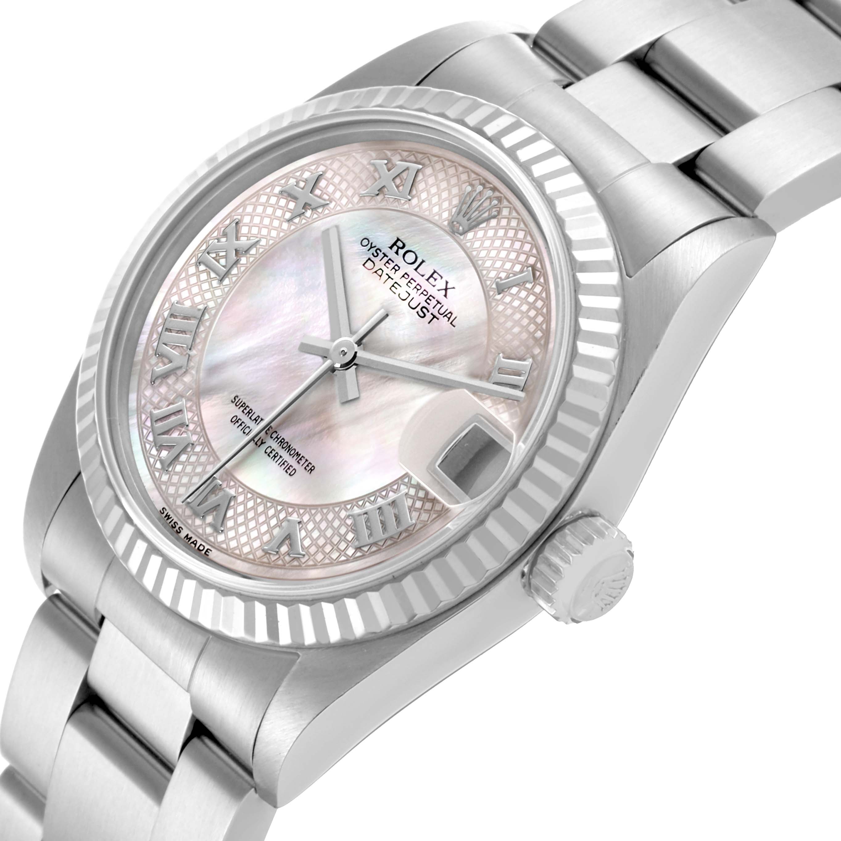 The Rolex Mid-Size 78274NRD Women's Stainless Steel Mother of Pearl Dial 78274NRD Women's Stainless Steel Mother of Pearl Dial model is shown at a three-quarter angle highlighting the face, bezel, crown, and bracelet.