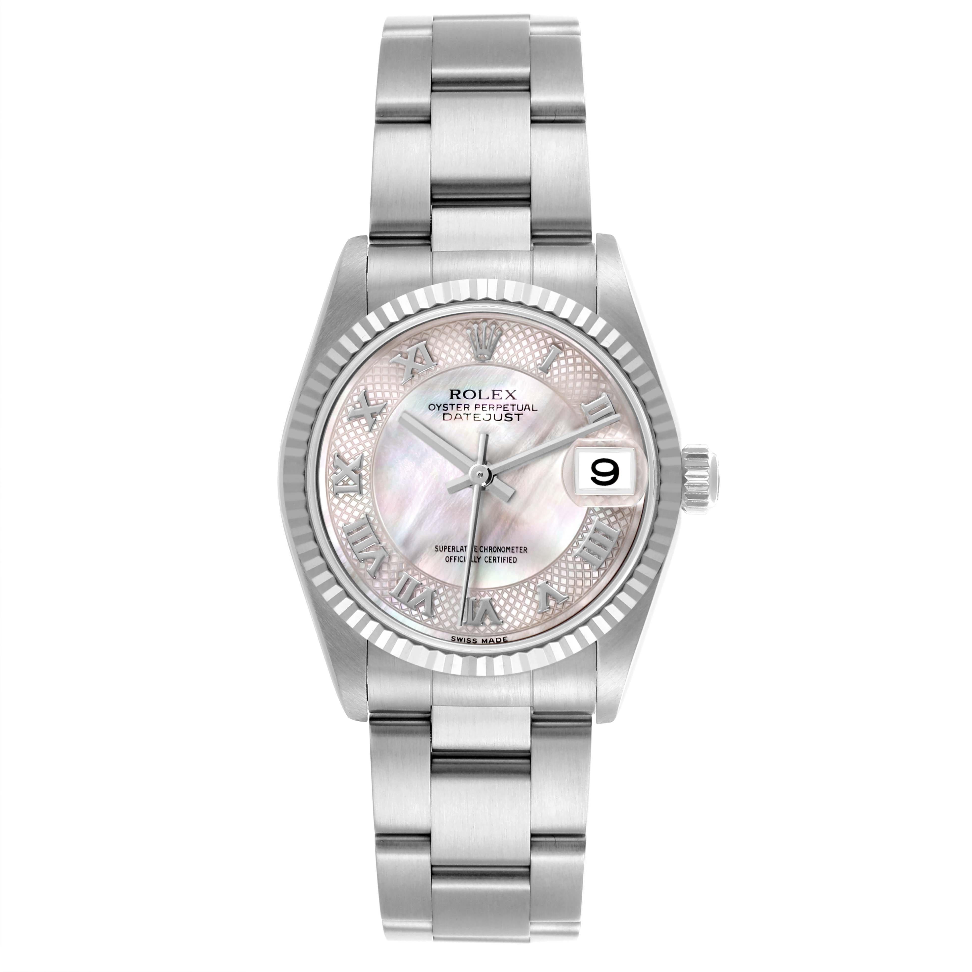 The Rolex Mid-Size 78274NRD Women's Stainless Steel Mother of Pearl Dial 78274NRD Women's Stainless Steel Mother of Pearl Dial watch is shown from a front angle, displaying the dial, bezel, bracelet, and date window.