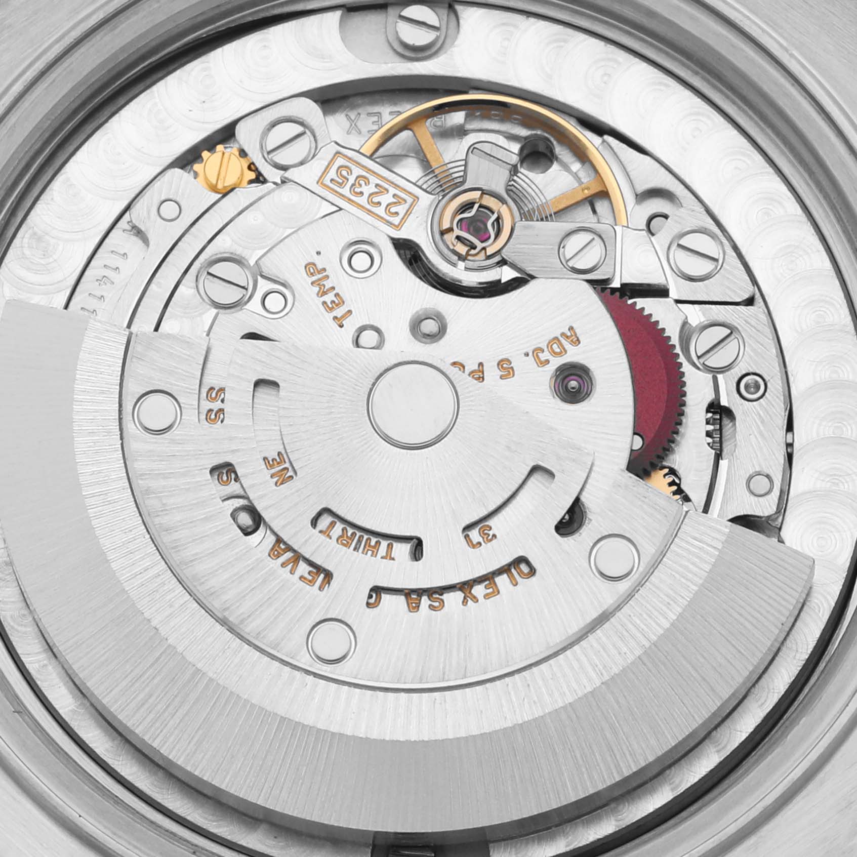 The image shows a close-up of the Rolex Mid-Size 78274NRD Women's Stainless Steel Mother of Pearl Dial 78274NRD Women's Stainless Steel Mother of Pearl Dial model's internal movement from the rear angle.