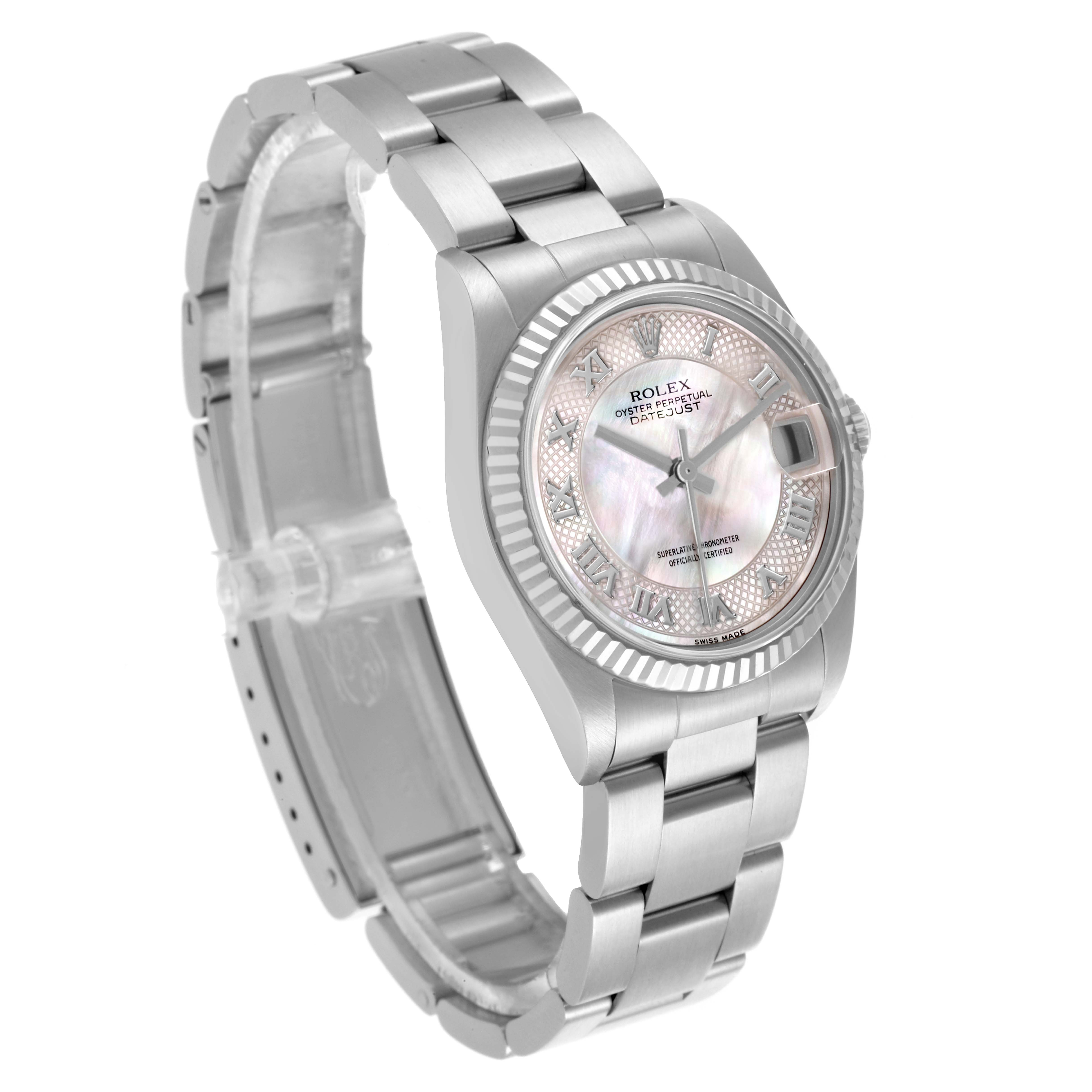 The Rolex Mid-Size 78274NRD Women's Stainless Steel Mother of Pearl Dial 78274NRD Women's Stainless Steel Mother of Pearl Dial watch is shown at a three-quarter angle, highlighting the face, band, and bezel.