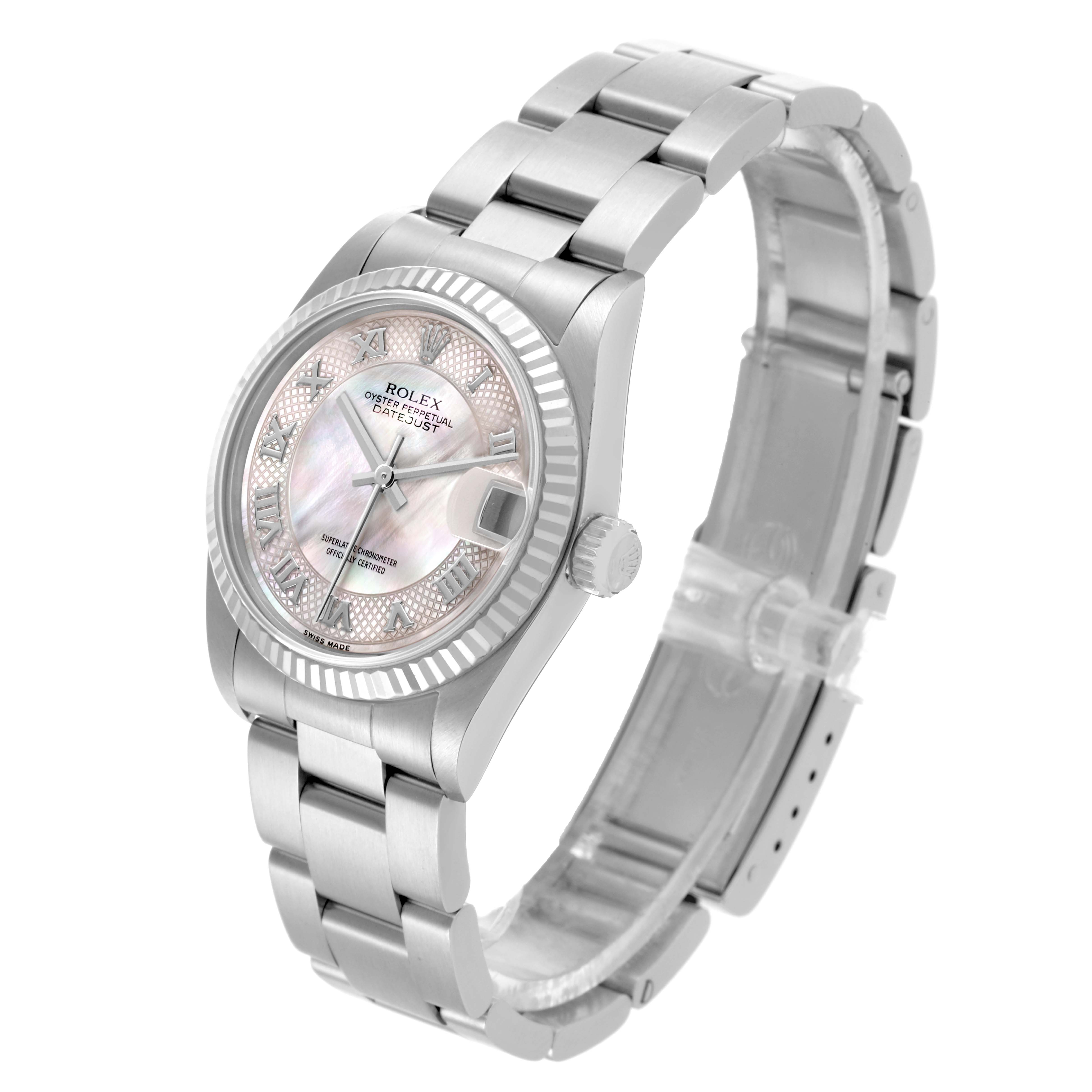 The Rolex Mid-Size 78274NRD Women's Stainless Steel Mother of Pearl Dial 78274NRD Women's Stainless Steel Mother of Pearl Dial watch is shown from a three-quarter angle, highlighting the face, bezel, and bracelet.