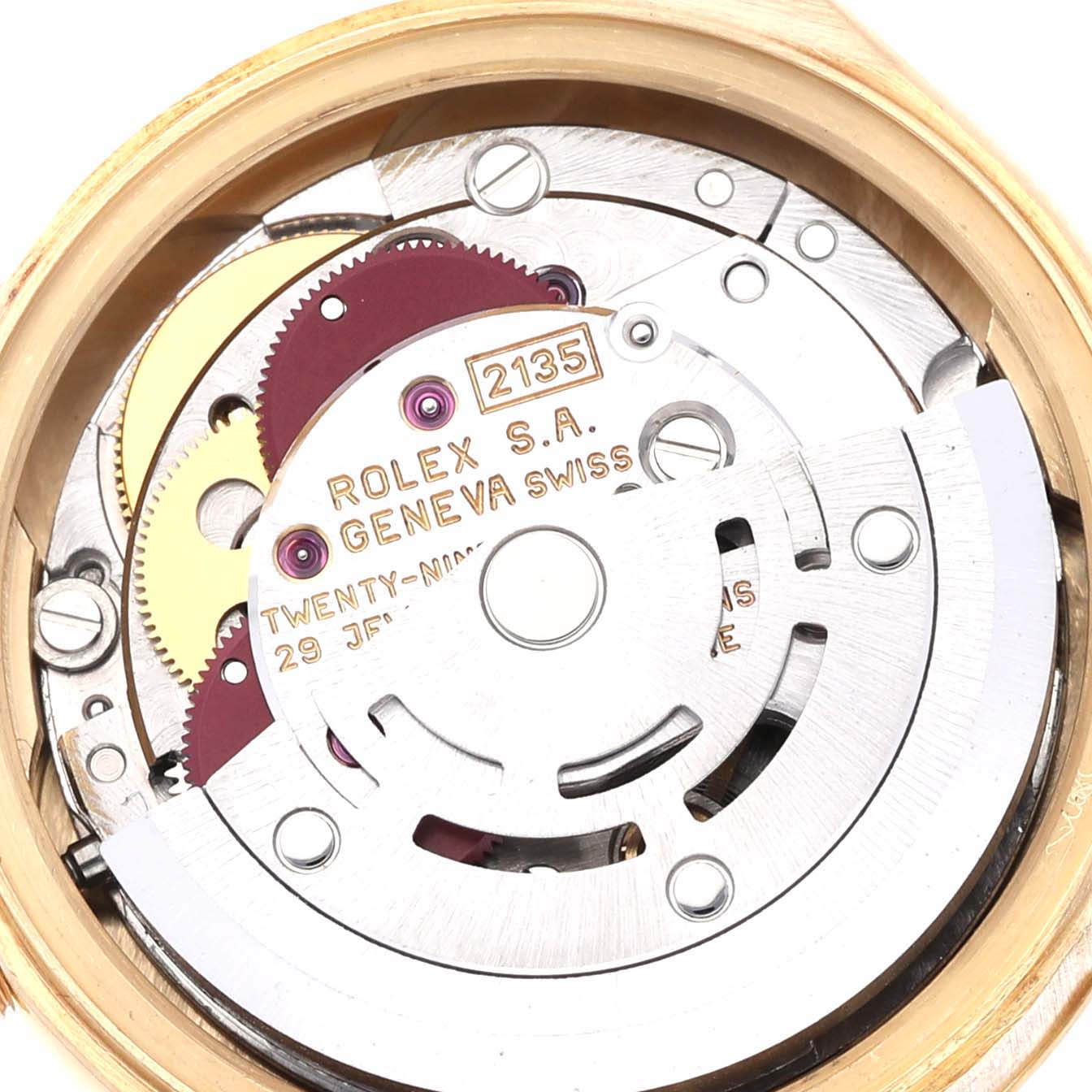 This image shows the inner mechanical movement of a Rolex President 69178G Women's Yellow Gold Champagne Dial 69178G Women's Yellow Gold Champagne Dial model watch, viewed from the back.