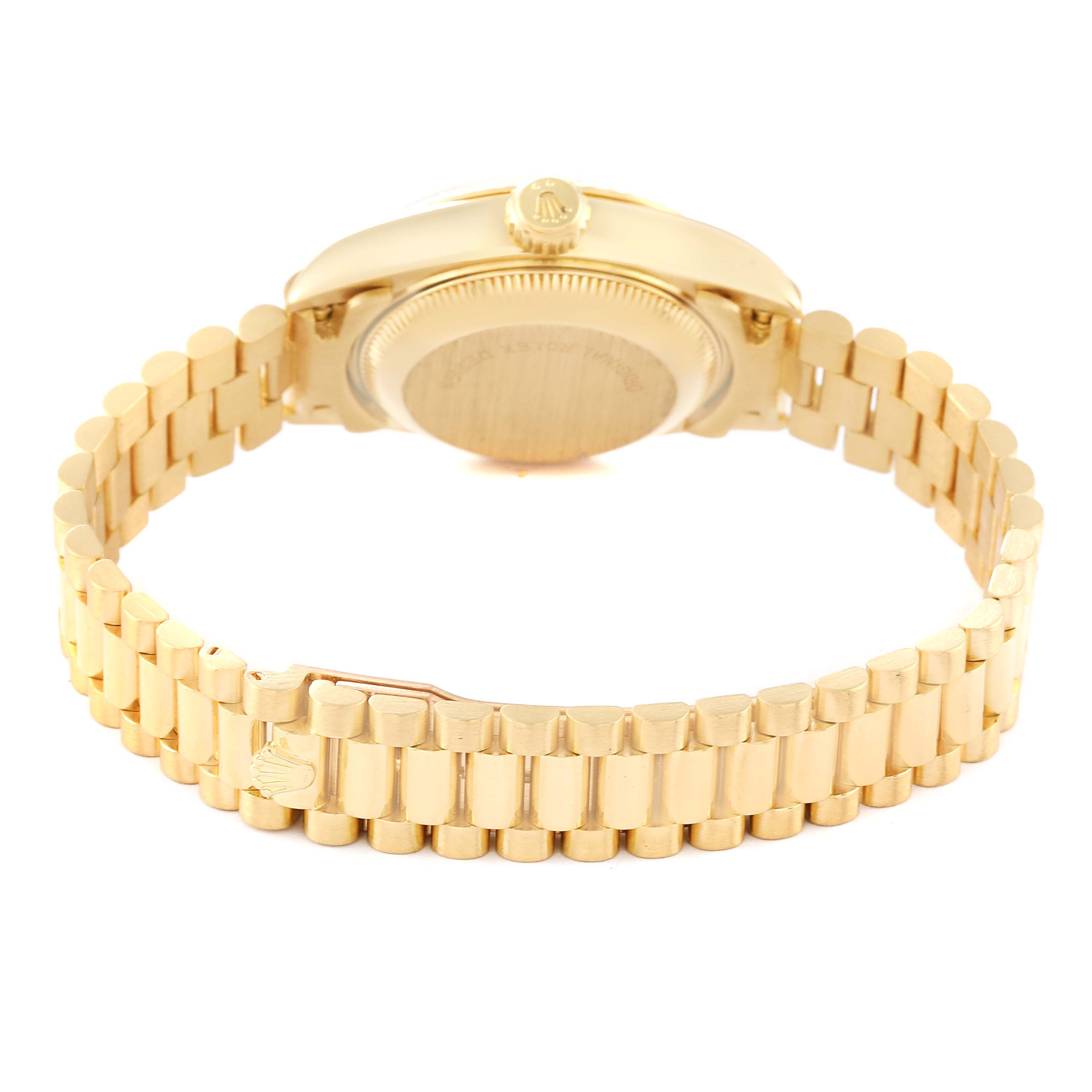 This image shows the back of a Rolex President 69178G Women's Yellow Gold Champagne Dial 69178G Women's Yellow Gold Champagne Dial model watch, focusing on the case back, crown, and bracelet.