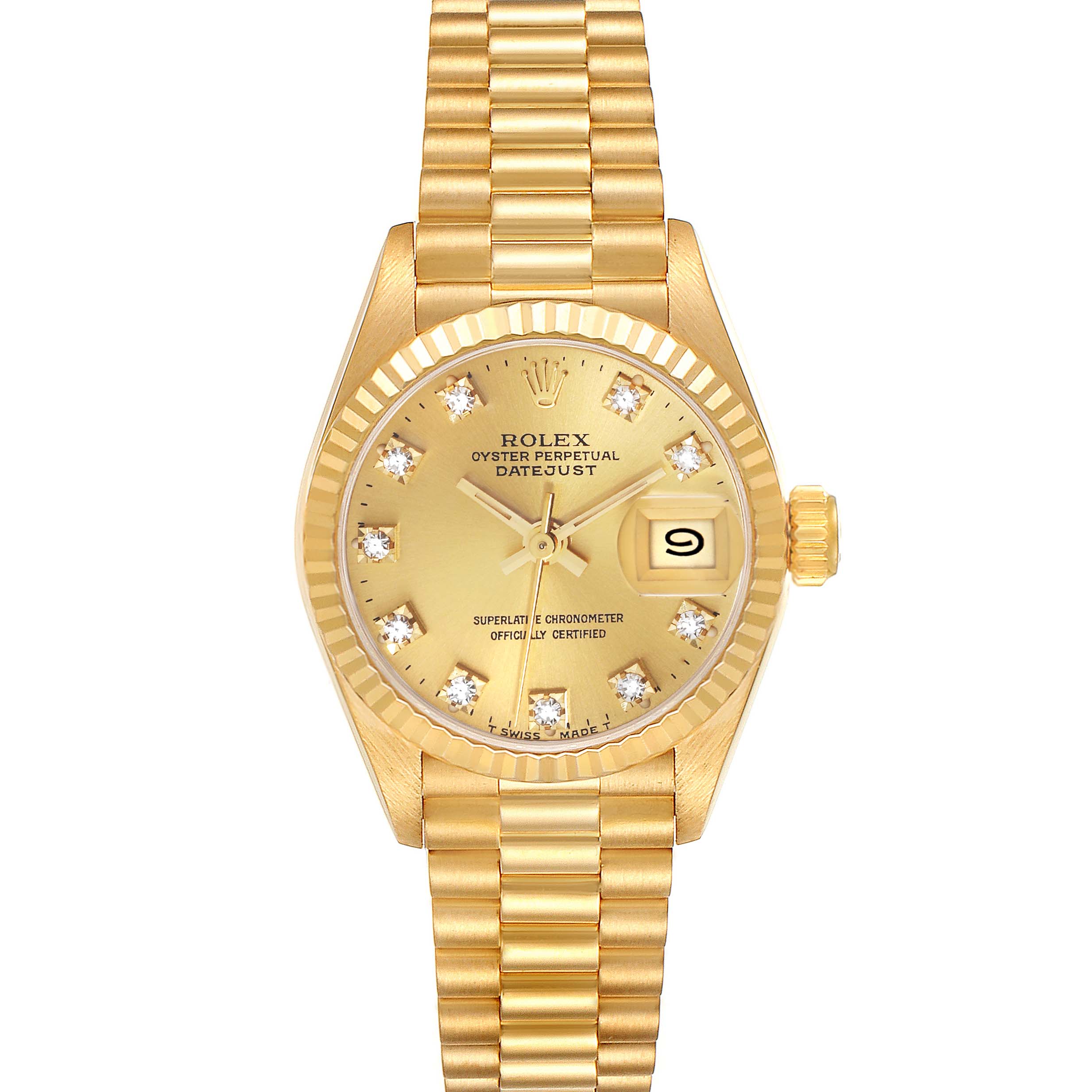 The Rolex President 69178G Women's Yellow Gold Champagne Dial 69178G Women's Yellow Gold Champagne Dial model watch is shown from a front angle, displaying the gold case, bracelet, dial, and date function.