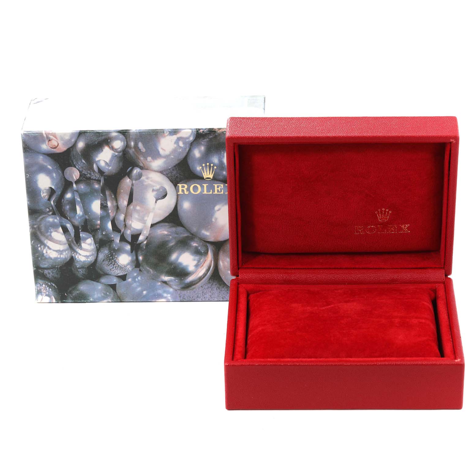 The image shows a red Rolex watch box with a cushioned interior and a protective outer box, but no President model watch.