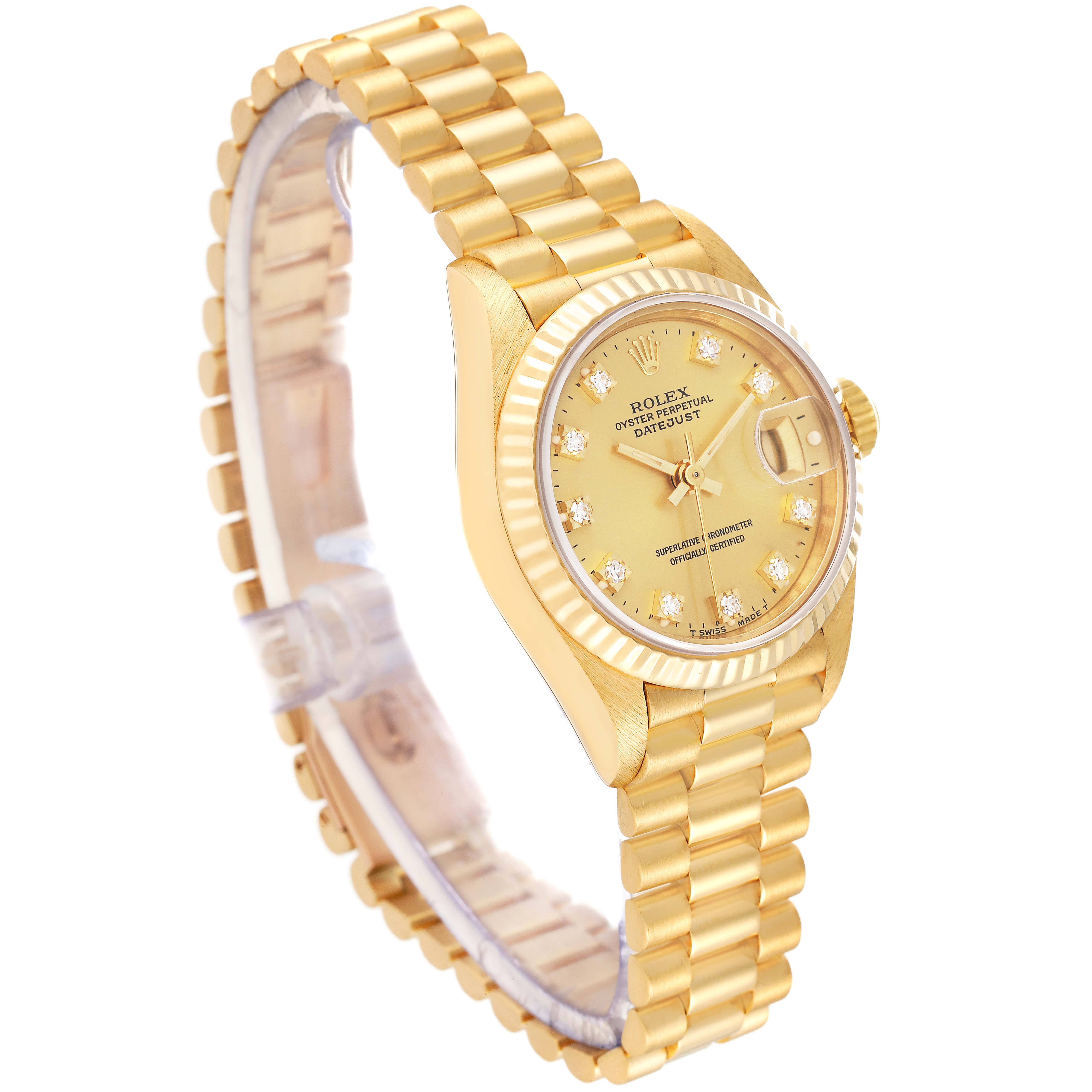 The Rolex President 69178G Women's Yellow Gold Champagne Dial 69178G Women's Yellow Gold Champagne Dial model watch is shown at an angle highlighting its gold bracelet, case, dial, and date magnifier.