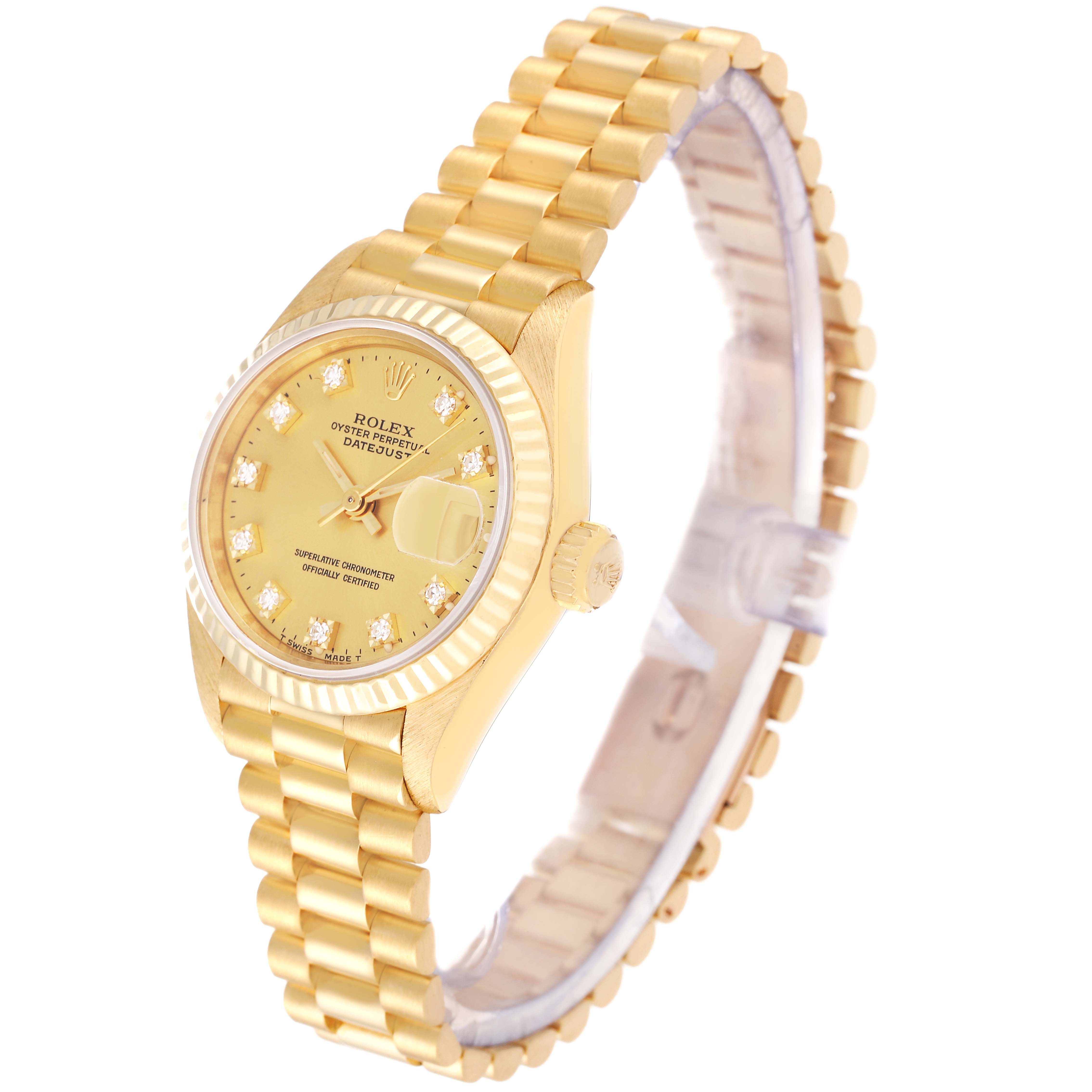 The image displays a Rolex President 69178G Women's Yellow Gold Champagne Dial 69178G Women's Yellow Gold Champagne Dial model watch at a three-quarter view angle, showing the dial, bezel, crown, and President bracelet.