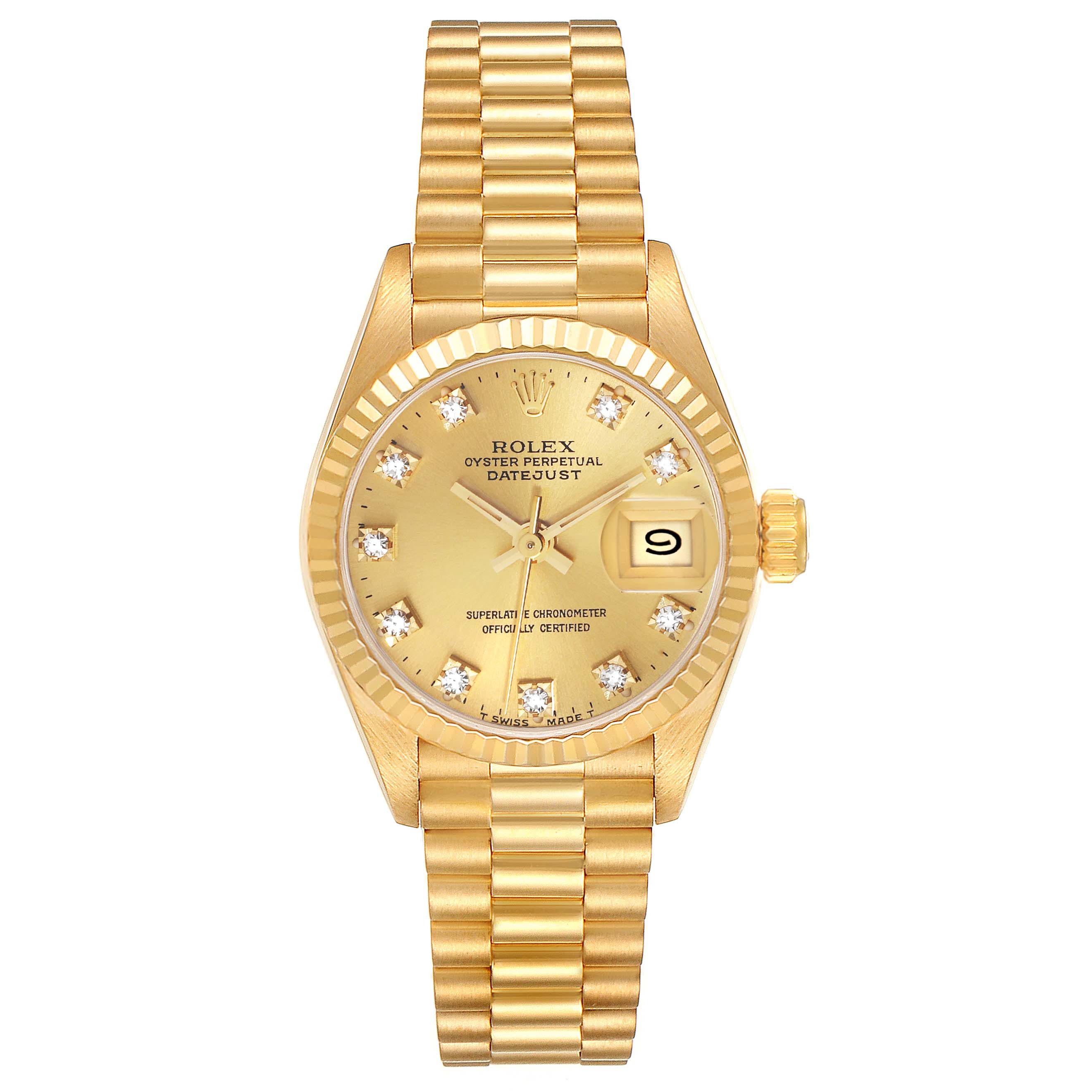 The image shows a front view of a Rolex President 69178G Women's Yellow Gold Champagne Dial 69178G Women's Yellow Gold Champagne Dial model watch, including its gold band, dial, and bezel.